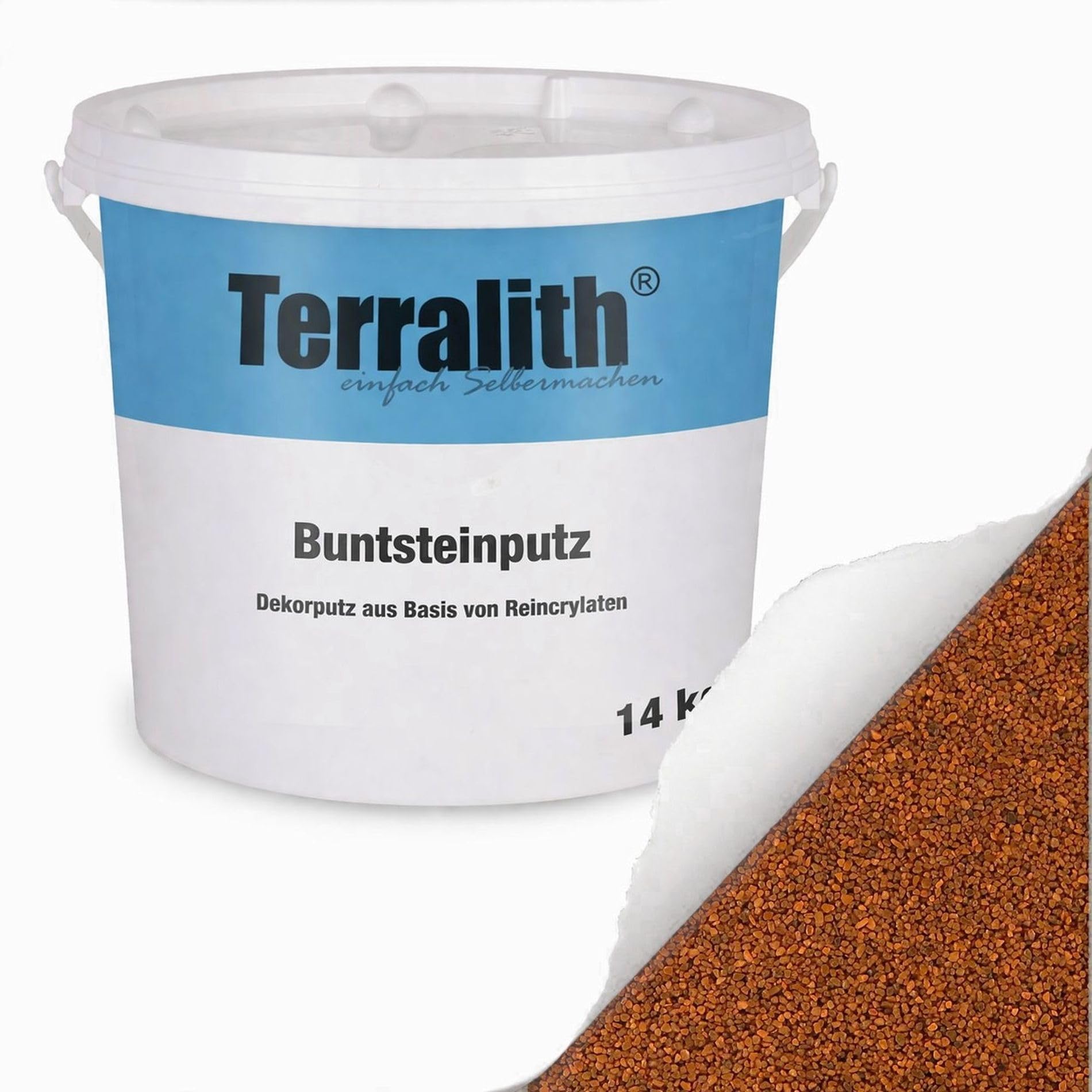 Terralith Buntsteinputz 14kg in orange-ocker, Sockelputz für Innen und Außen mit Reinacrylat Bindemittel aus Naturstein, 1-2mm Körnung (BSP25)
