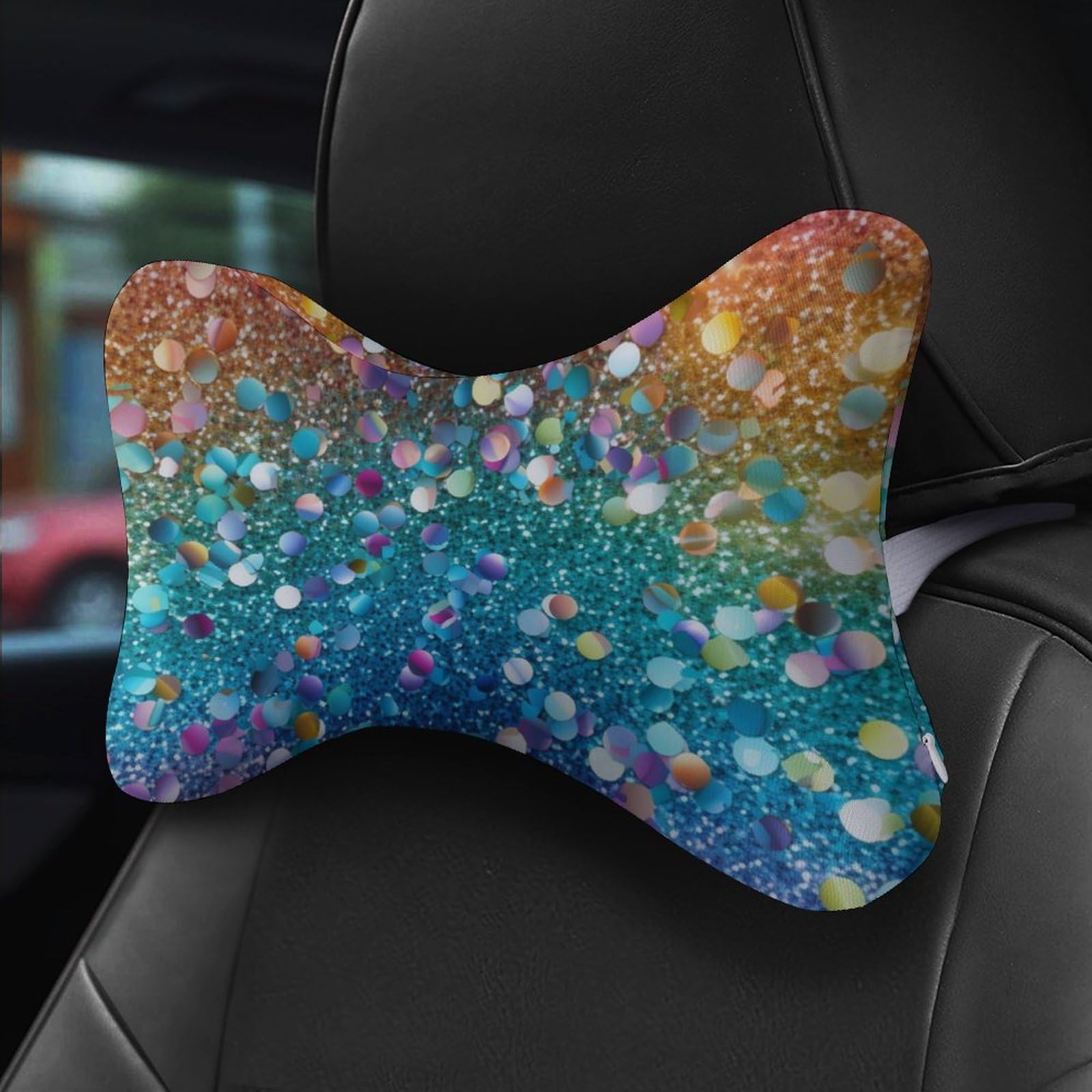 SMAZDFXX Rainbow Glitter Car Neck Pillow Set of 2 Car Seat Head Support Cushion Bone Pillows with Elastic Strap