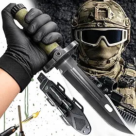 Kit Faca Militar de Sobrevivência Completo com Pederneira Iniciador de Fogo Amolador de Lâmina e Apito Emergência Cabo Emborrachado Antiderrapante para Trilhas Caça e Atividades Mateiras.
