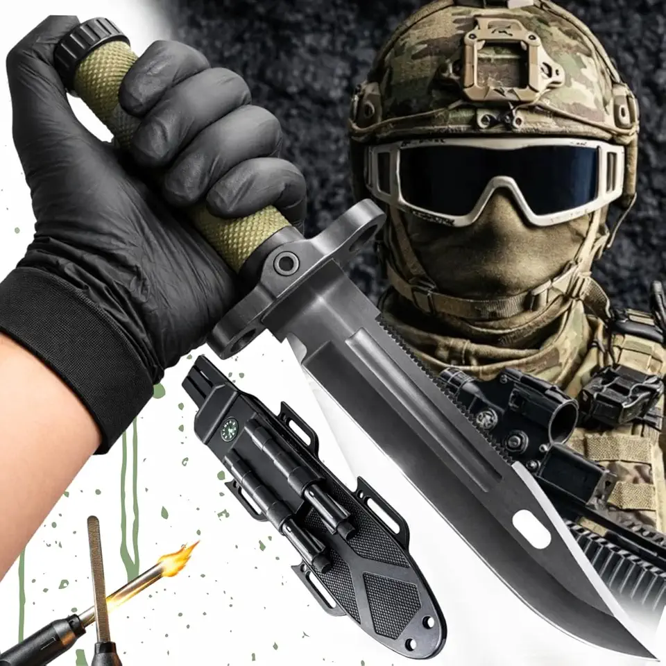 Kit Faca Militar de Sobrevivência Completo com Pederneira Iniciador de Fogo Amolador de Lâmina e Apito Emergência Cabo Emborrachado Antiderrapante para Trilhas Caça e Atividades Mateiras.