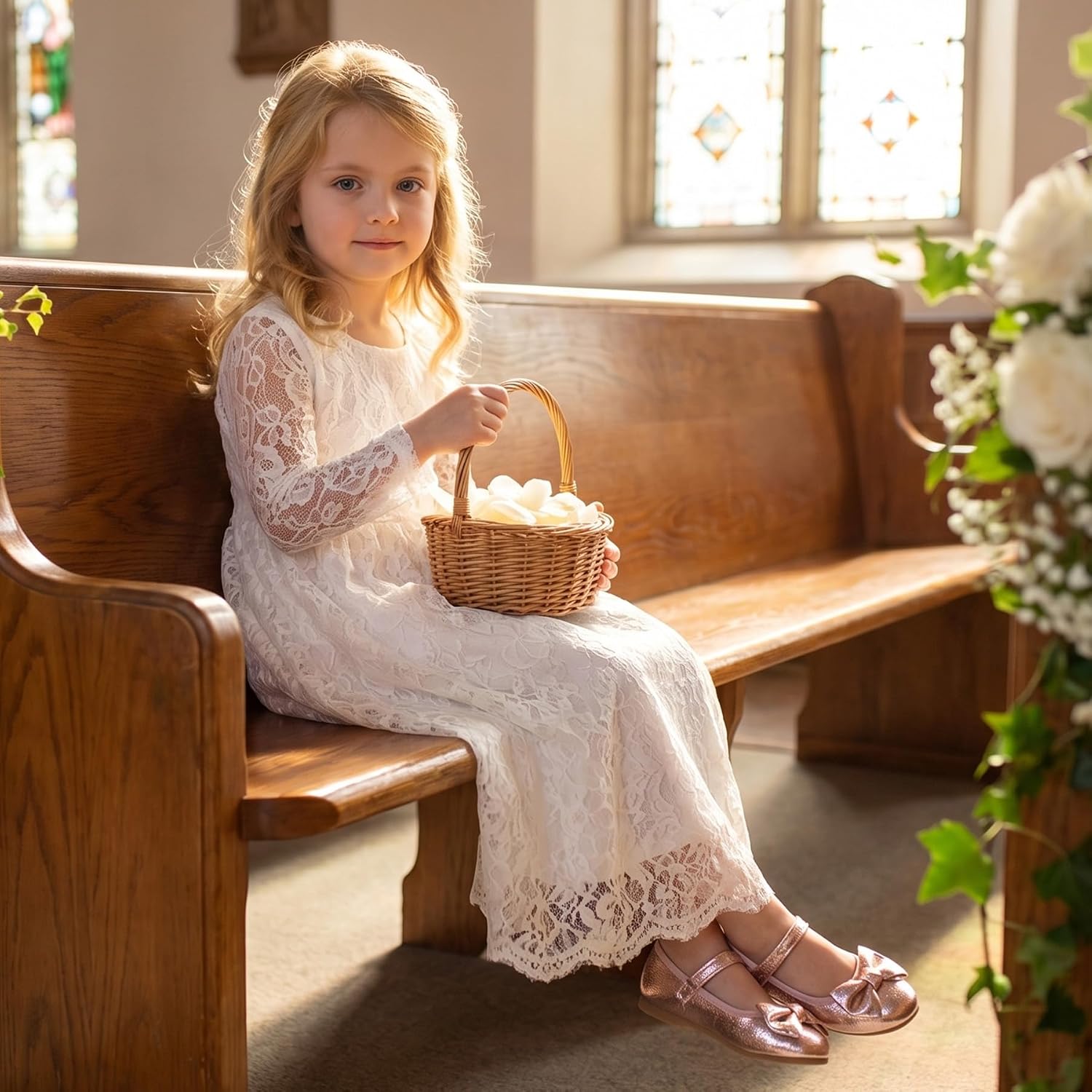 Toddler Girls Dress Shoes with Bow Mary Jane Ballet Flats for Flower Girl Wedding Party Toddler Little Kids