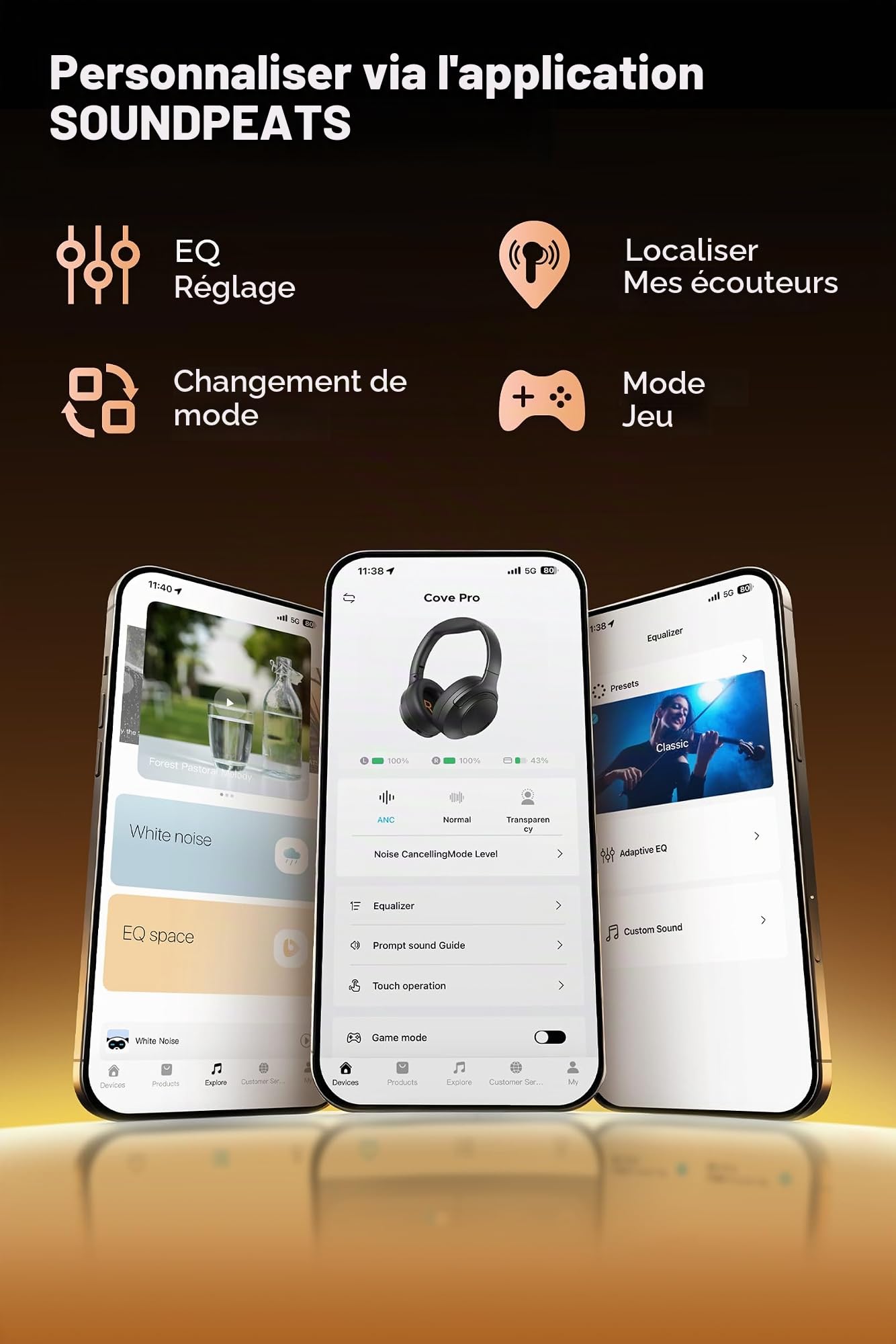 SoundPEATS Cove Pro Casques Réduction de Bruit Hybride, Son Hi-Res LDAC, Pliables, 7 micros pour appels clairs, autonomie de 95 Heures, Confort et polyvalence Filaire/sans Fil