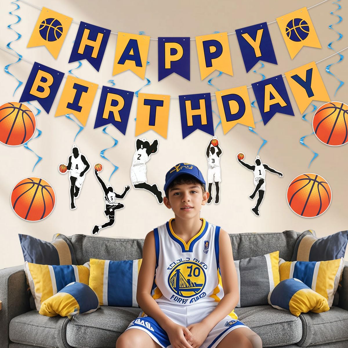 Juego de decoraciones de fiesta de cumpleaños de baloncesto para niños, pancarta de feliz cumpleaños, remolinos colgantes para niños y hombres, juego de baloncesto, tema deportivo, baby shower, fiesta
