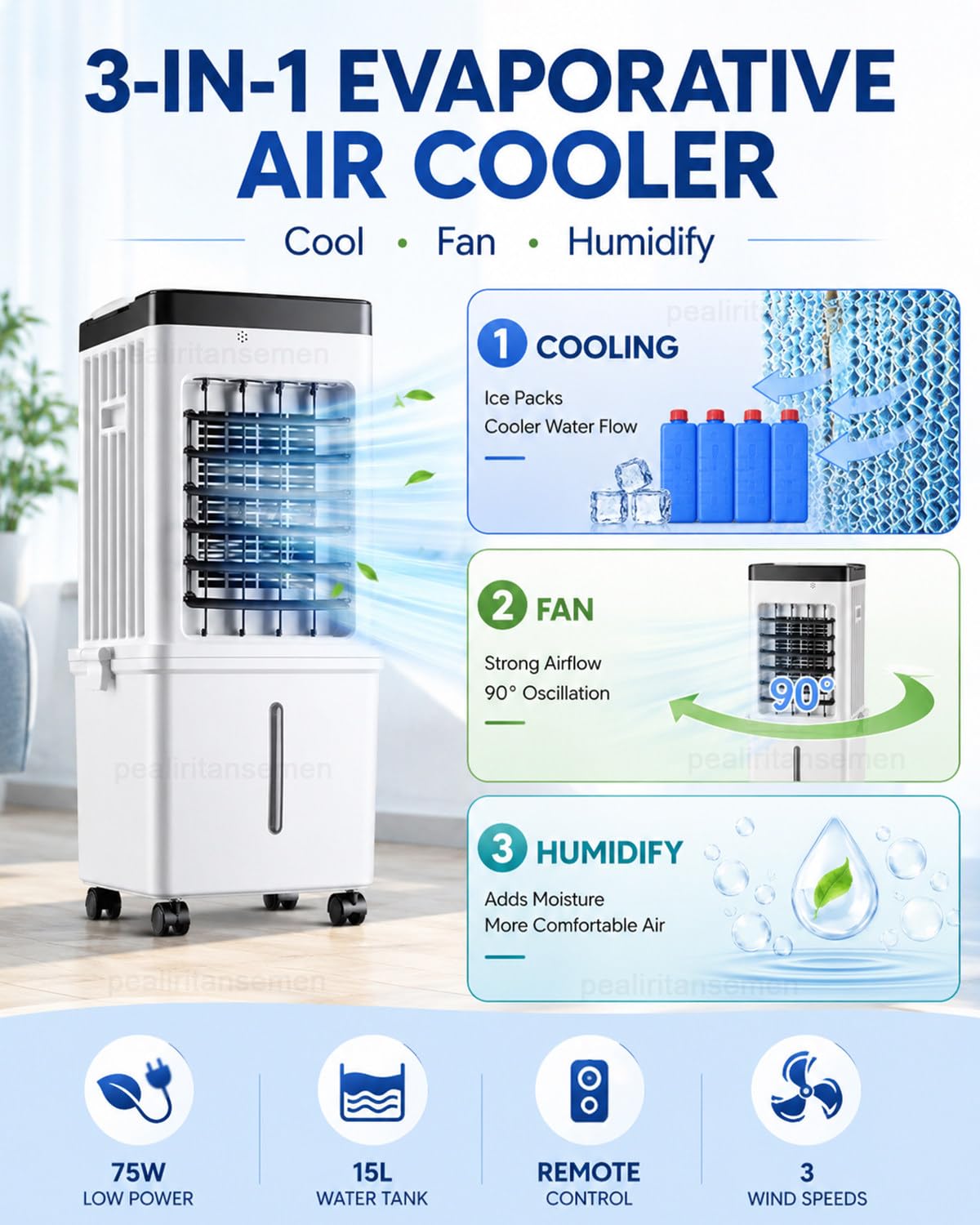 Climatizzatore Senza Tubo, Raffrescatore Evaporativo Portatile con Serbatoio 15L, Telecomando, Pannello Touch, 4 Panetti Refrigeranti, Ampia Oscillazione per Casa E Camera