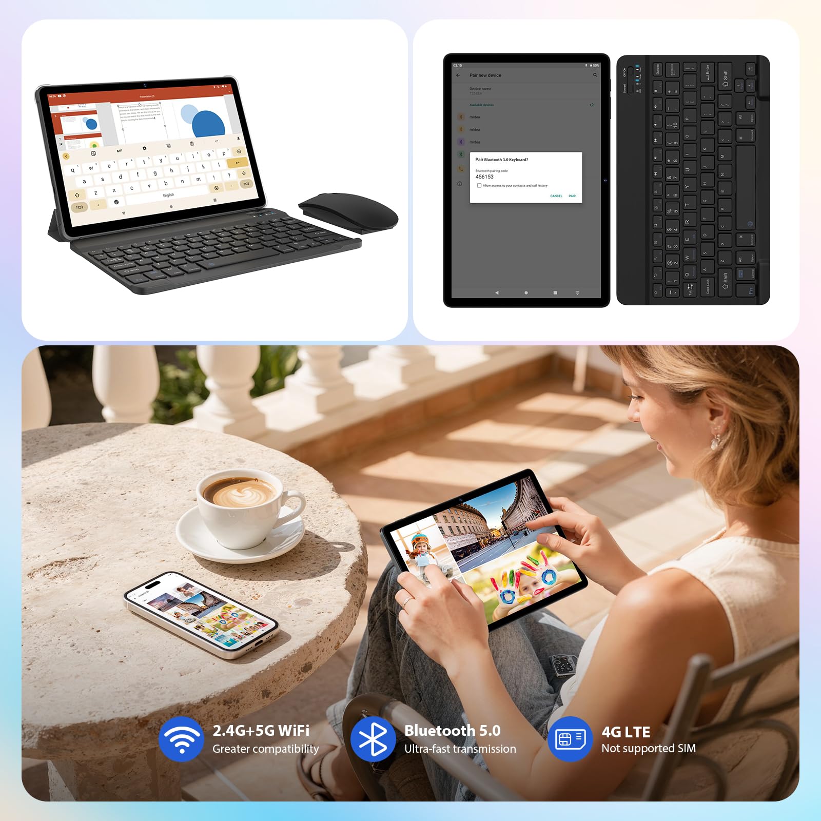 Tablet Android 16,36GB+512GB/2TB Tablet 11 Pollici,8000mAh,Octa Core,13MP+8MP,90Hz Netflix 1080P/Widevine L1/5G WiFi/BT5.0/Face ID/OTG/GPS,Tableta con Tastiera,Mouse,Grigio