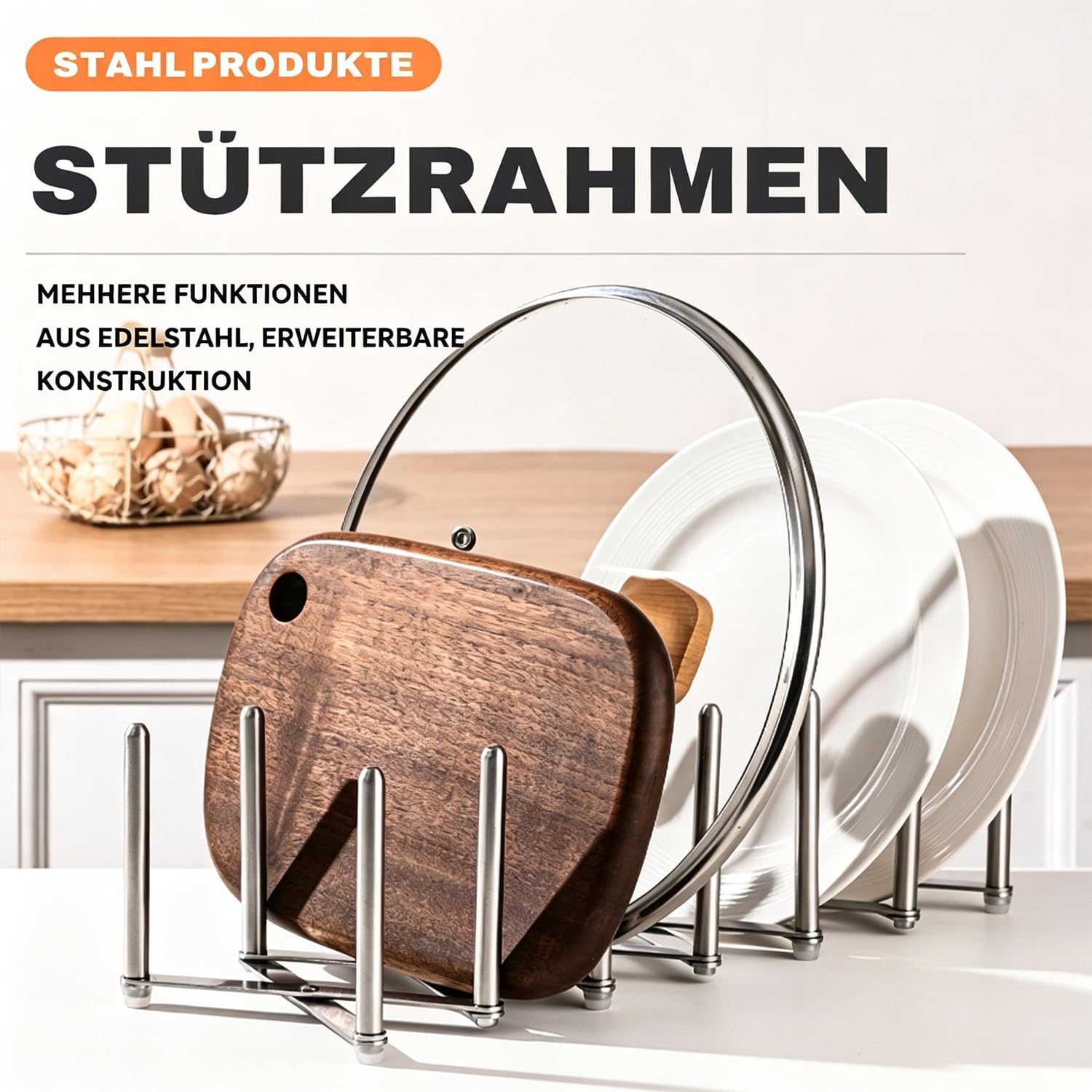 Topfdeckelhalter, Deckel Organizer Küche, Verstellbar, Aus Edelstahl, Platz für bis zu 6 Deckel, Für Teller & Schneidebretter, Ausziehbar & klappbar, Aufbewahrung