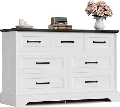 Furmax Farmhouse Dresser for Bedroom, 7 Drawers Dresser, White & Black