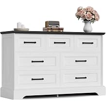 Furmax Farmhouse Dresser for Bedroom, 7 Drawers Dresser, Wood Chest of Drawers, 47.5" Wide Storage Dressers Organizer for Bedroom, Living Room, White and Black