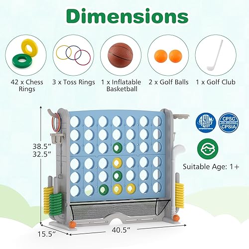 Miniatura 7 de KOTEK Juego gigante de 4 en fila, altura ajustable, juego de patio jumbo de 4 en puntuación con lanzamiento de anillo, baloncesto, golf, bolsillo de