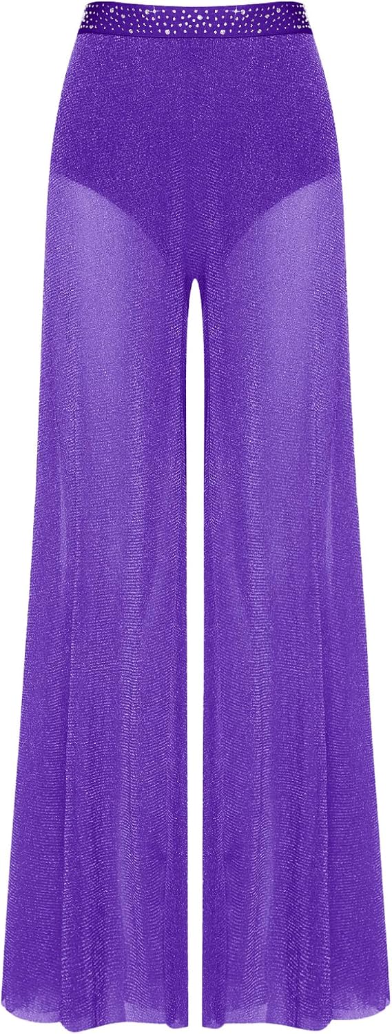Freebily Women's Dance Pants High Waist Wide Leg Chiffon Modern Ballroom Waltz Dance Trousers with Rhinestone-Studded