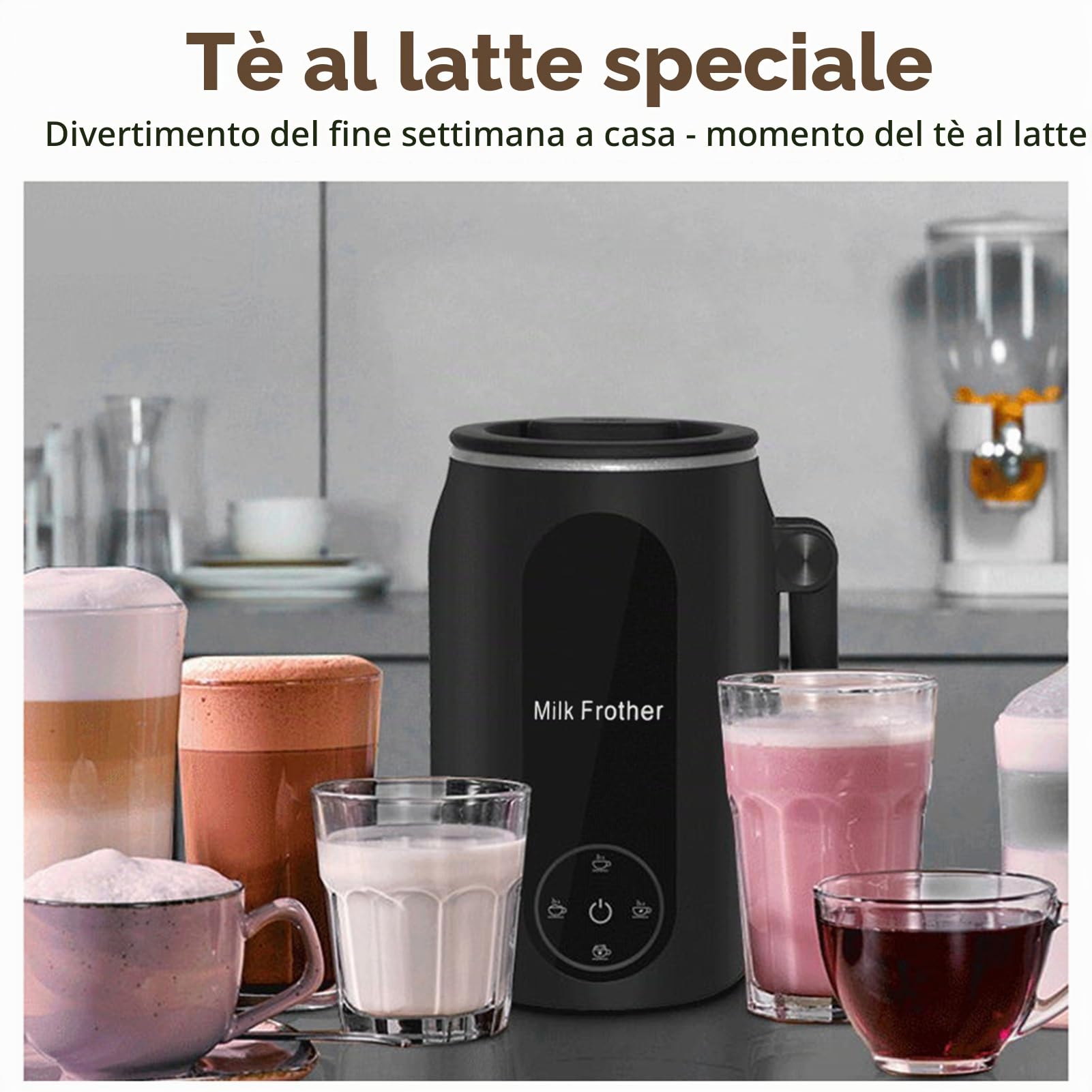 Montalatte Elettrico 4 in 1, Montalatte Automatico a Vapore con capacità di 450 Ml con Display a LED Maniglia Rotante Scaldalatte Riscaldatore per Latte Cappuccino (Spina europea)