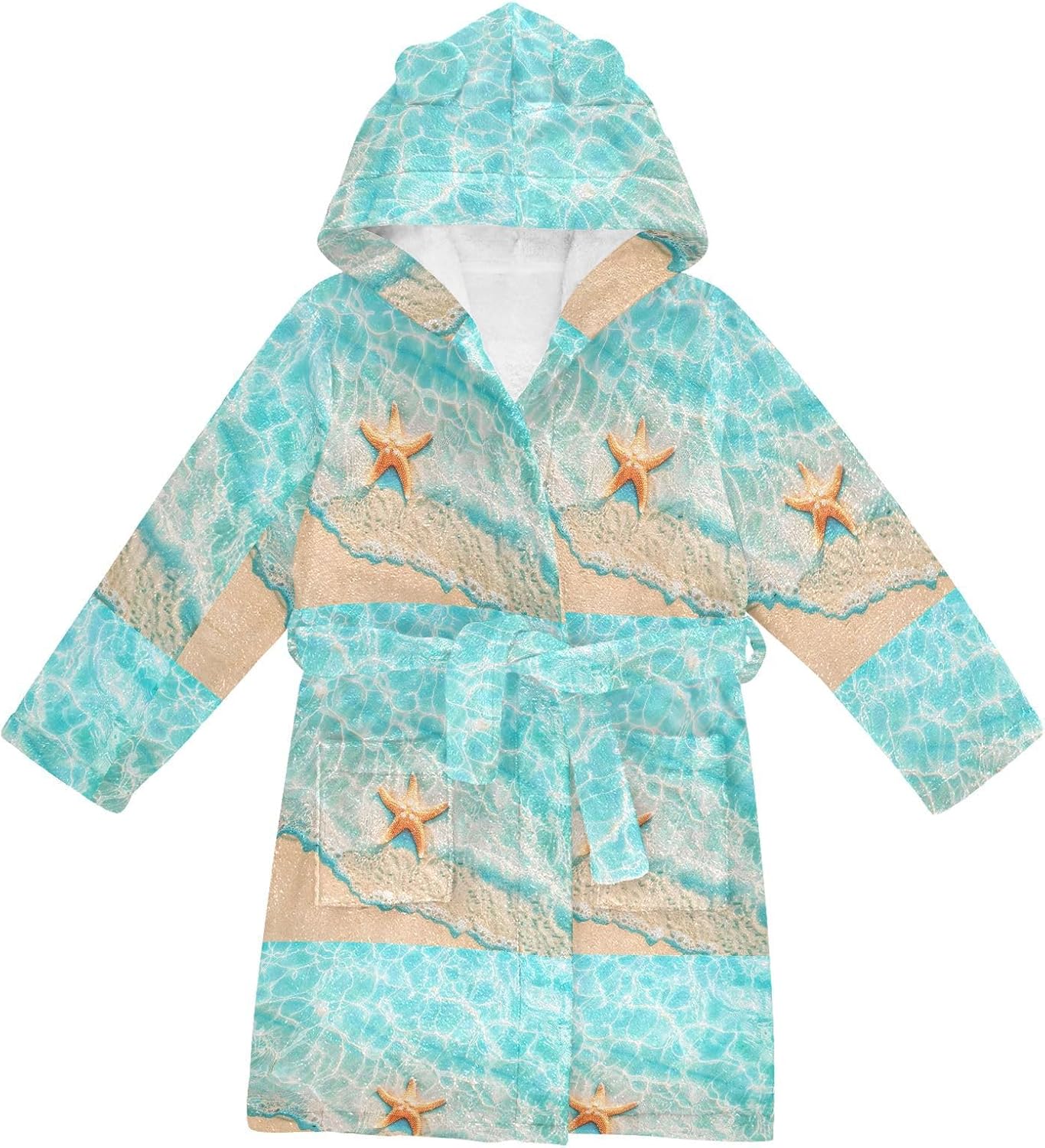 senya Starfish Seawave Toddler Hooded Bathrobe Kids Soft Plush Bath Towel Robes for Boys Girls 2-12 Years