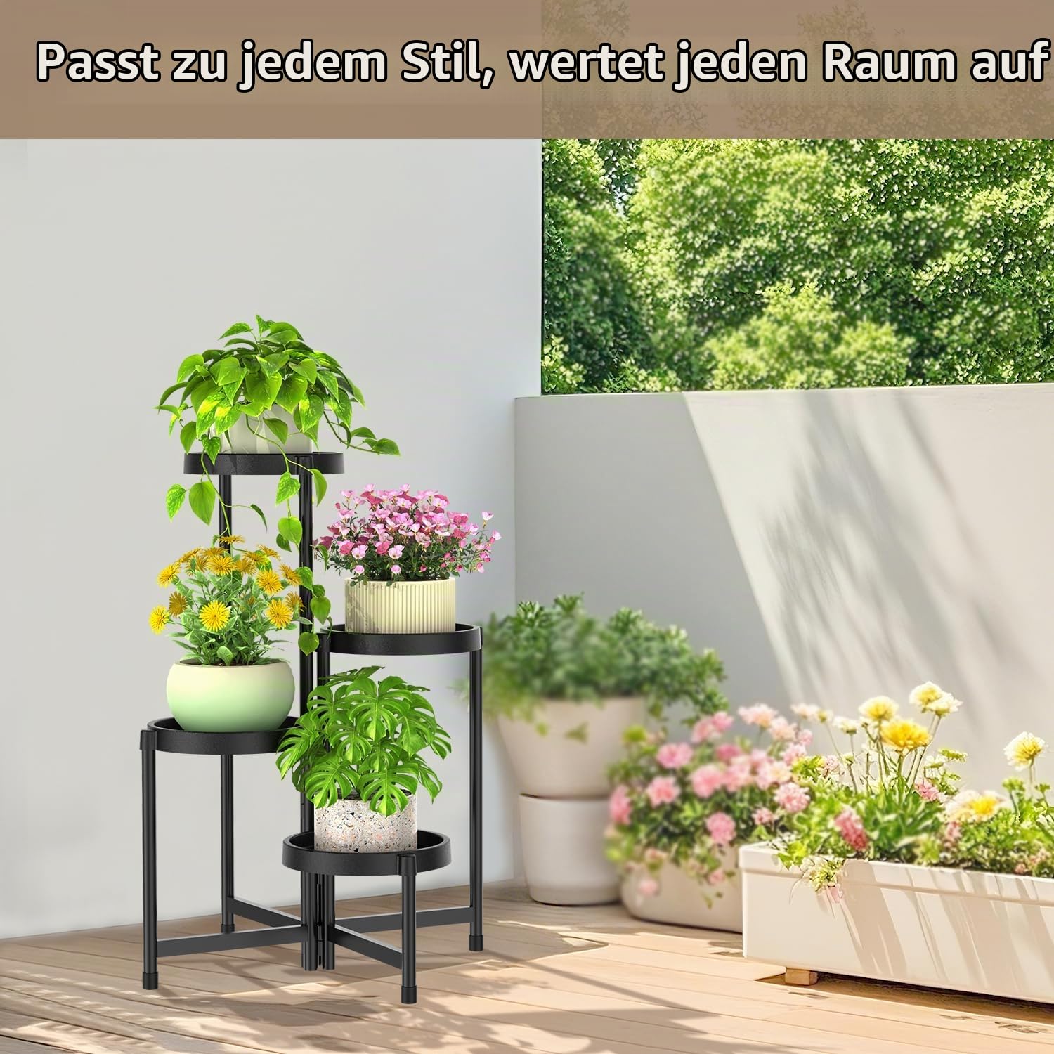 Blumenständer Pflanzenständer Pflanzenregal Outdoor Indoor Schwarz | 4-Stufiger Metall Mehrstöckig Pflanzenregal Blumenregal Pflanzentreppen für Zimmerecke, Wohnzimmer, Balkon, Terrasse, Hof