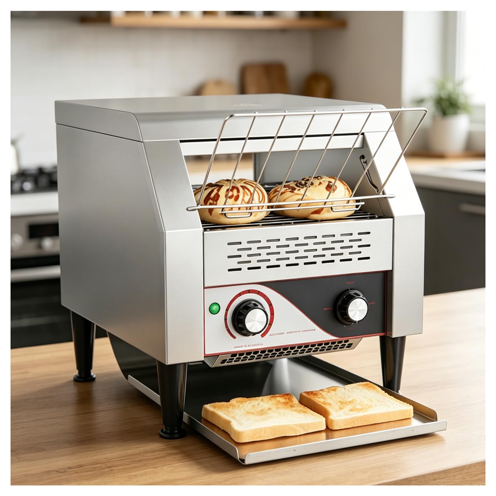 Tostador de Cinta transportadora Profesional 2200W | 300 rebanadas/Hora | con Doble Tubo Calefactor | 3 Modos de Tostado: Superior+Inferior/Solo Superior/Mantener Caliente