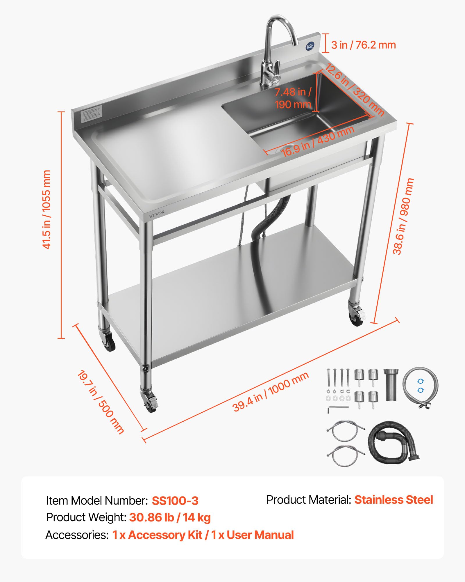 VEVOR Fregadero de Acero Inoxidable, 1000 x 500 x 1055 mm, de Un Seno con Grifo y Ruedas, Fregadero de Cocina para Garaje, Restaurante, Lavandería, Lavabo Exterior con Encimera Izquierda, Plata