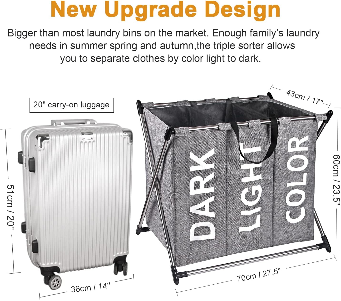 X-cosrack Laundry Hamper Sorter - Stainless Steel X-Frame Basket with 3 Section, Thick Cotton & Linen, Mesh Bundle Pocket with Handles for Home, Collapsible, Grey