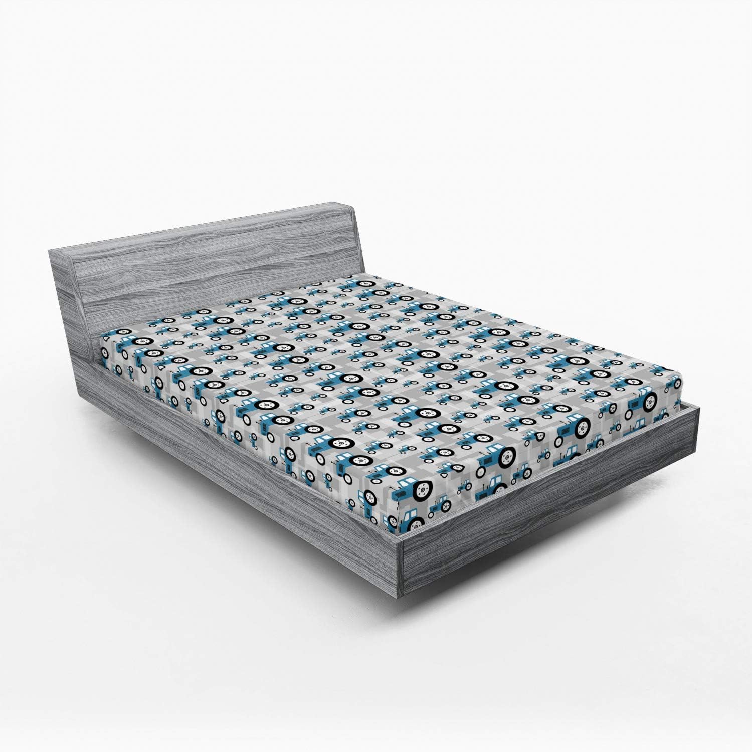 Ambesonne Farm Fitted Sheet, Tractor Trucks Industrial Machines Harvester Agriculture Wheels Village, Bed Cover with All-Round Elastic Deep Pocket for Comfort, Queen Size, Sea Blue and Pale Grey