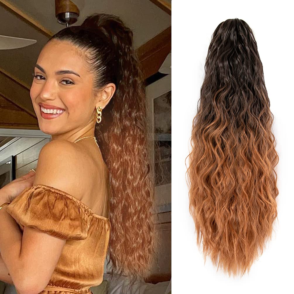 YEAMEWavy Ponytail Extension Claw Clip, 22 Inch Corn Wave Pony Tail Synthetic Brown Mixed Blonde Hair, Long Curly Jaw Ponytail Hair Extainson for Women Girls (Dark Brown Mixed Auburn)