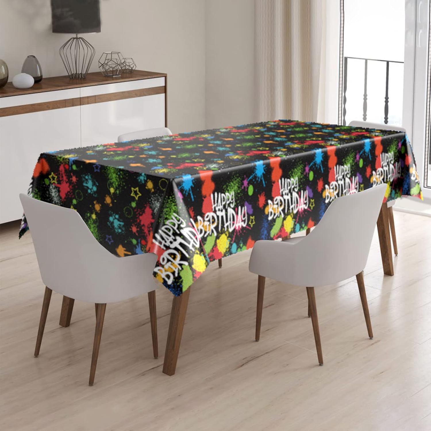 Domgoge Glow Tablecloth for Birthday Party Decoration Plastic Neon Table Cover Rectangle Paint Splatter Graffiti Black Table Cloth Disposable Party Decor Supplies, 54 x 108 Inch, 1pc