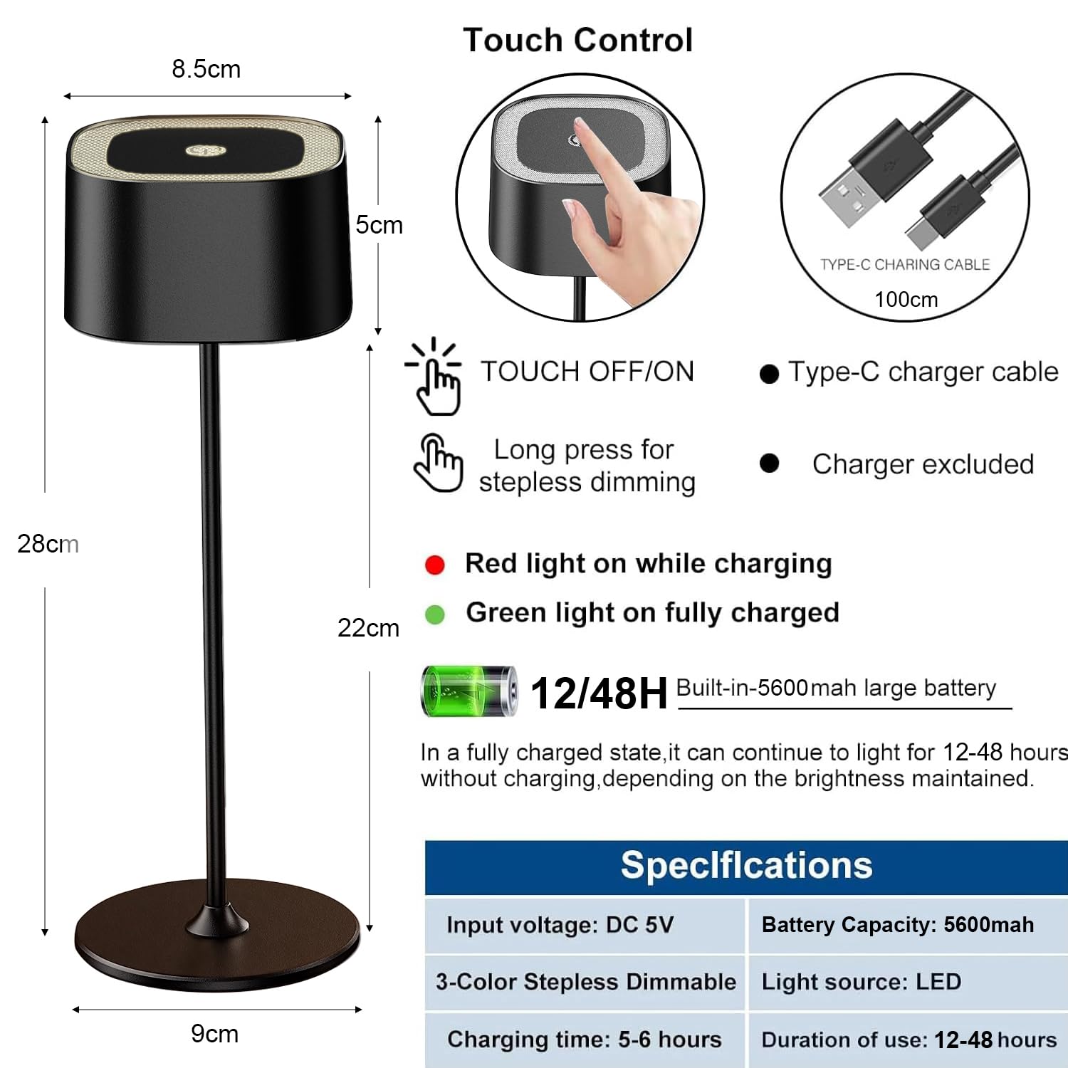 Regulable LED Batería Lámpara de Mesa Inalámbrica, Lámpara de Escritorio Toque con USB-C, Metal LED Recargable Batería Lámpara de Mesa, IP54 Impermeable Aluminio Lámpara de Escritorio, 5W, Negro