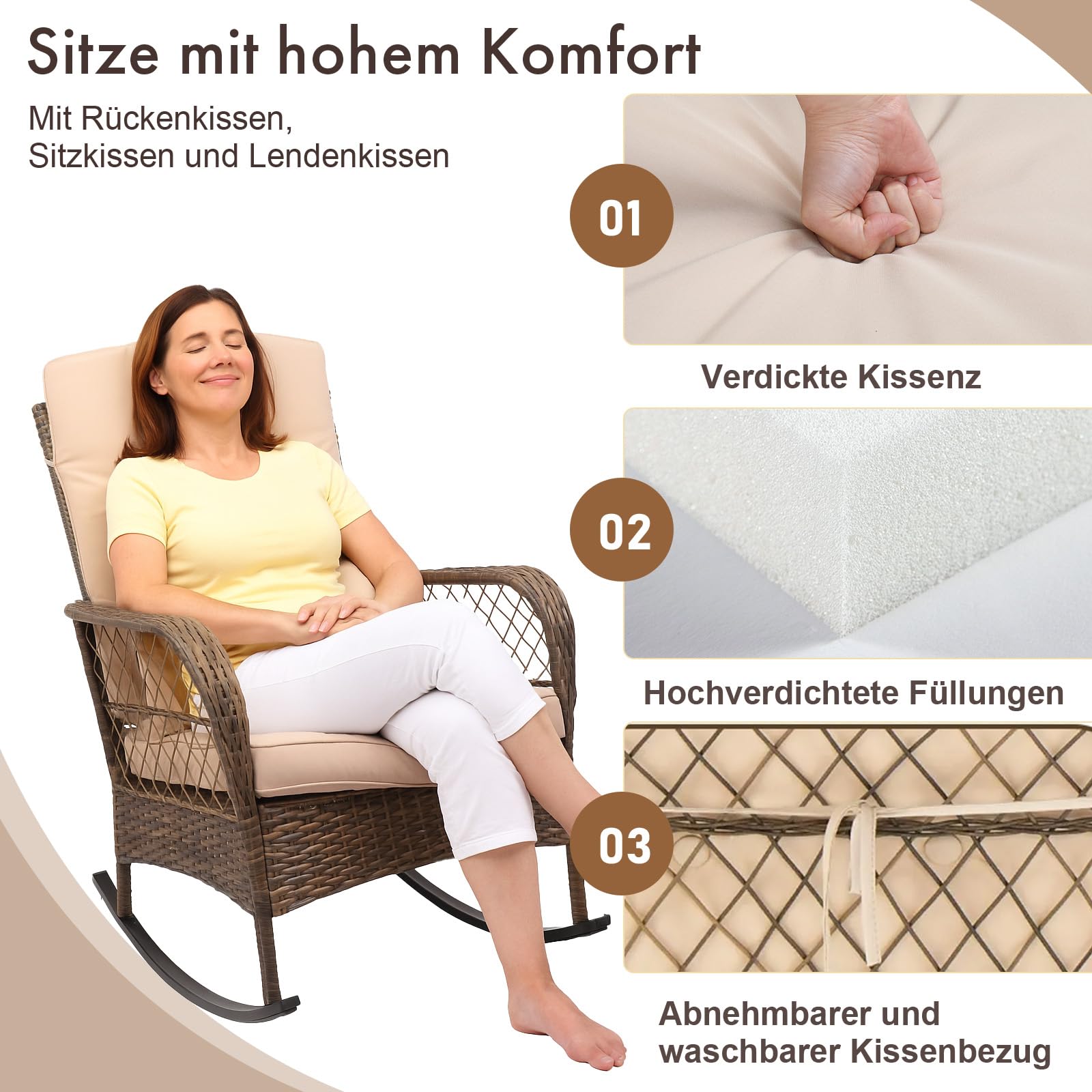 LEADZM Gartenmöbel Set für 2 Personen，Polyrattan Balkonmöbel 3-teiliges Set, Wetterfest, Komfortabel & Lässig, 2 Schaukelstühle & Tisch, für Garten, Balkon, Terrasse,Beige