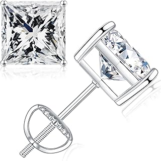 0.6-4ct Princess Moissanite Earrings for Women, D Color VVS1 Clarity Lab Created Diamond Earrings 18K White Yellow Rose Gold Vermeil S925 Sterling Silver Moissanite Screw Back Earrings Studs