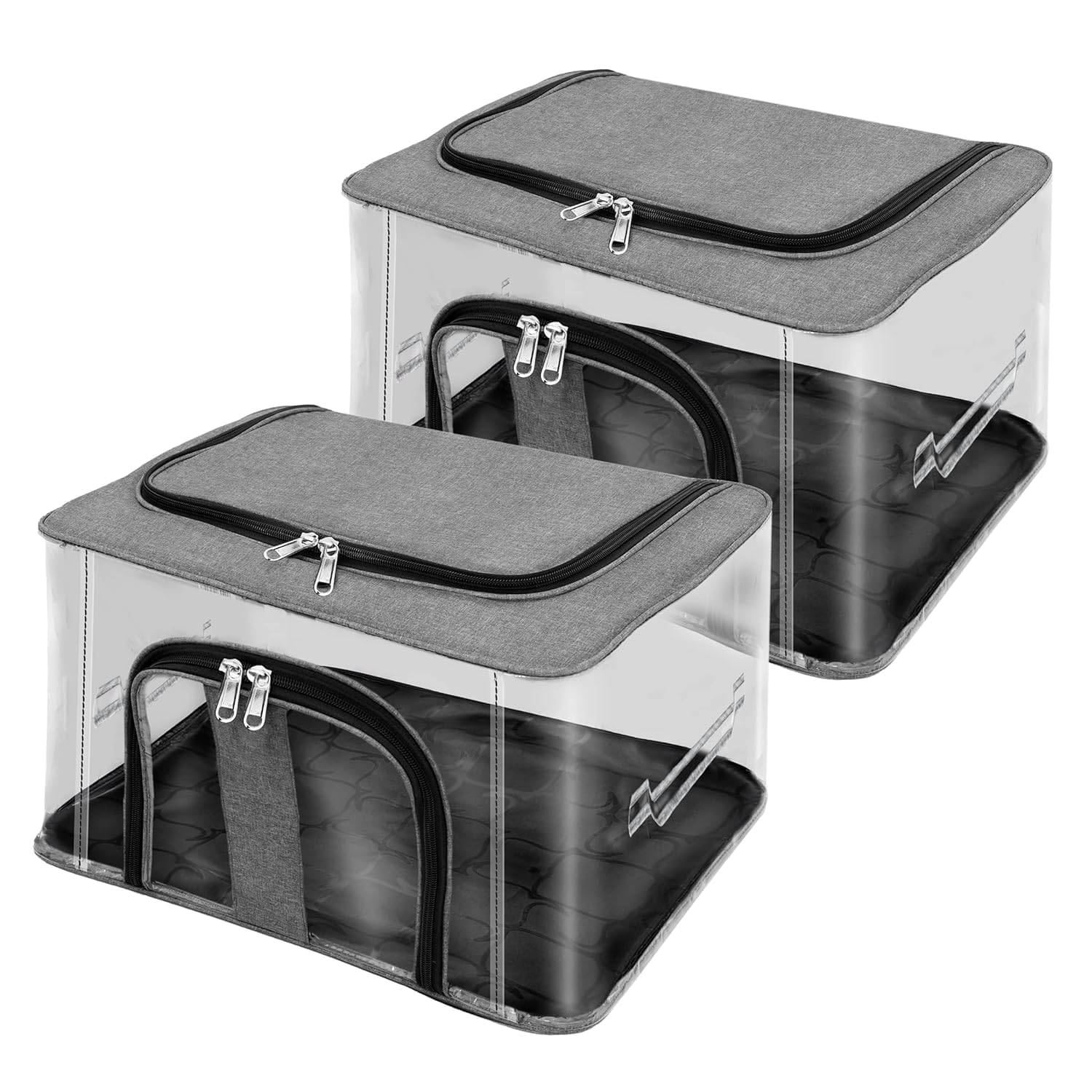 Clothes Storage Box with Transparent Layer, Grey Fabric Organizer for Trousers, Shirts, Saree, Bedsheets, 44x31x24 cm, Dual Zipper (Pack of 2)-picture-20