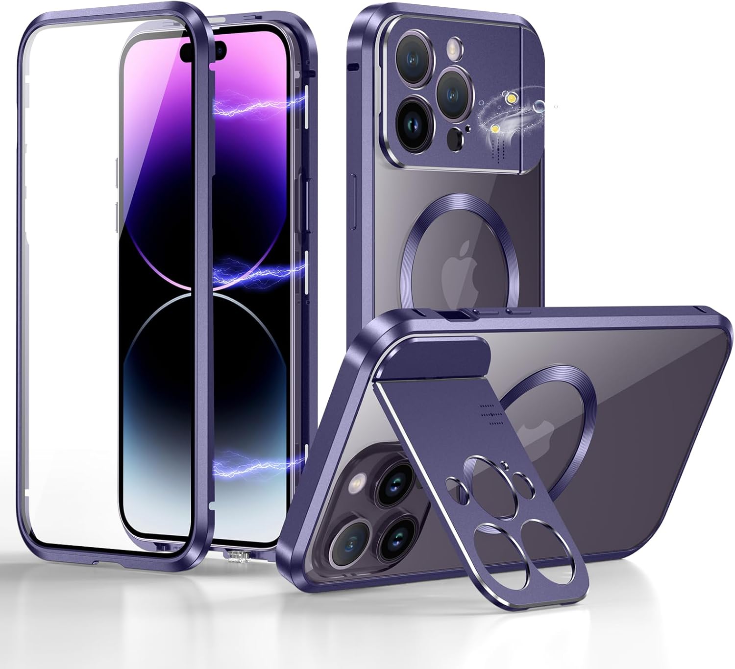 Case for iPhone 14 Pro Max with Camera Invisible Stand [Compatible with MagSafe] 360 Degree Protection Magnetic Absorption Metal Bumper Front Glass and Back PC Cover (Deep Purple)