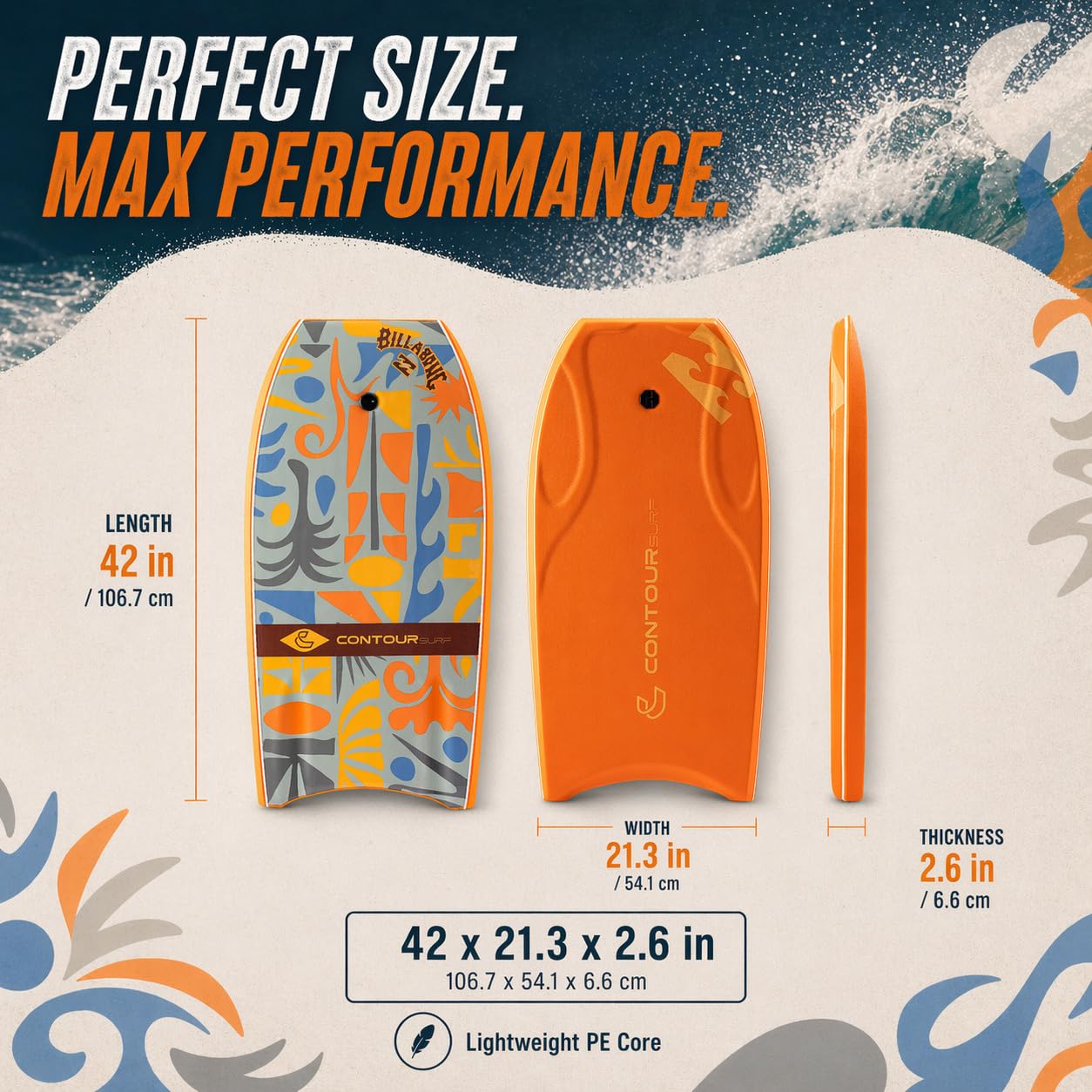 Billabong x CONTOUR SURF Bodyboards für Strandpool, 106,7 cm, leichtes PE-Kern, IXPE-Deck, HDPE-Boden, FRP Stringer, Hochleistungs-Bodyboard mit doppeltem Drehgelenk, Surfleine, Lightning Tangerine