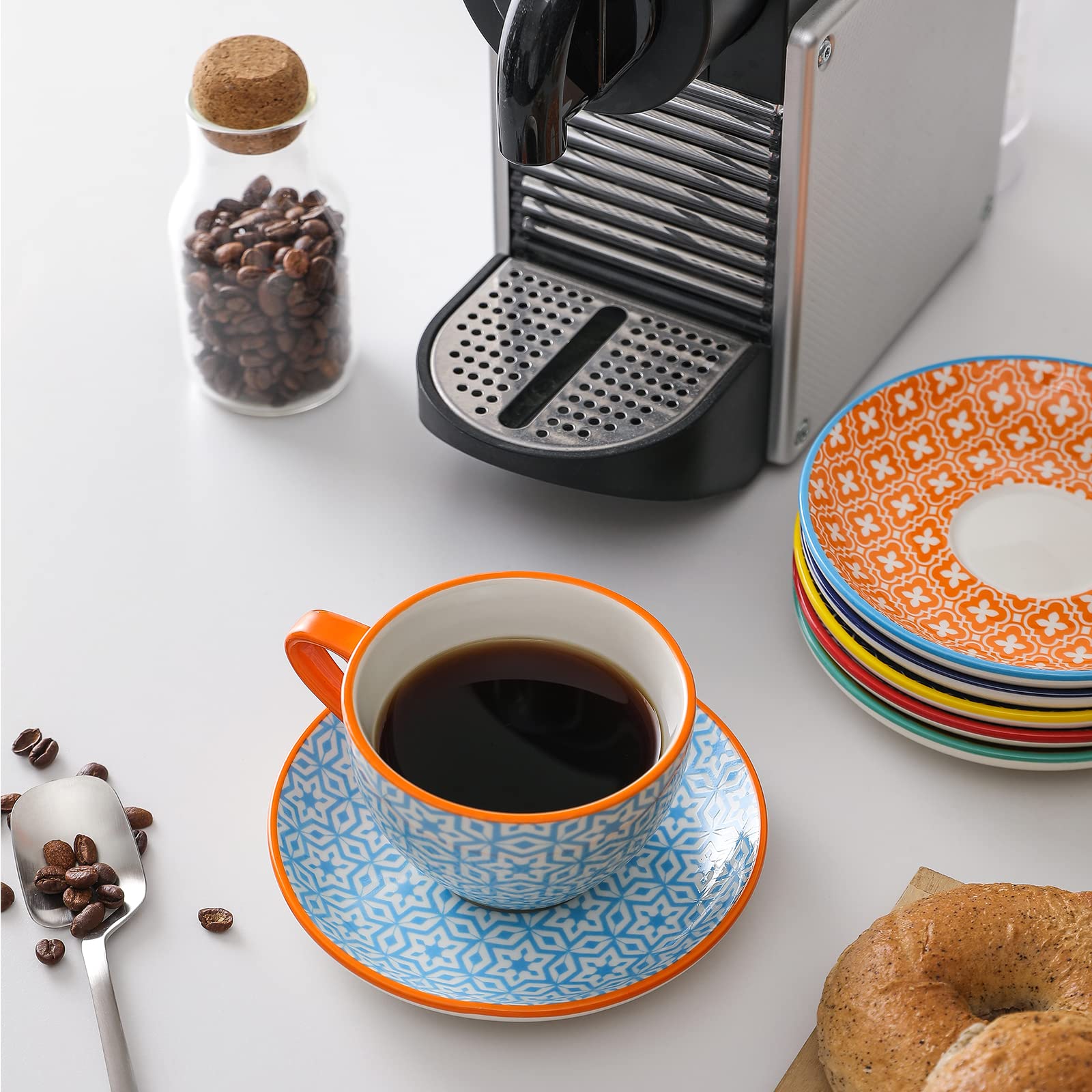 Selamica Ceramiczny zestaw filiżanek do cappuccino 230 ml ze spodkami, filiżanki do kawy, latte macchiato na imprezę, kawiarnię, dom, prezent świąteczny, zestaw 6 sztuk, różne kolory