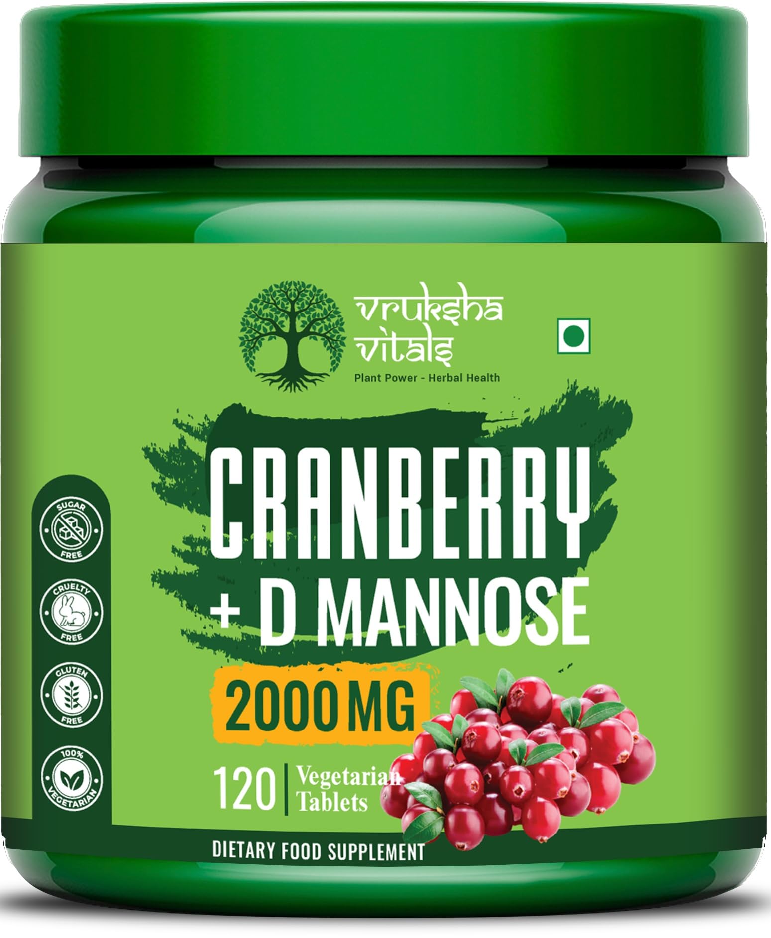Vruksha Vitals Cranberry D Mannose - 120 Tablets Capsules Supplement for men and women - Cranberry Fruit Extract Powder Supplements