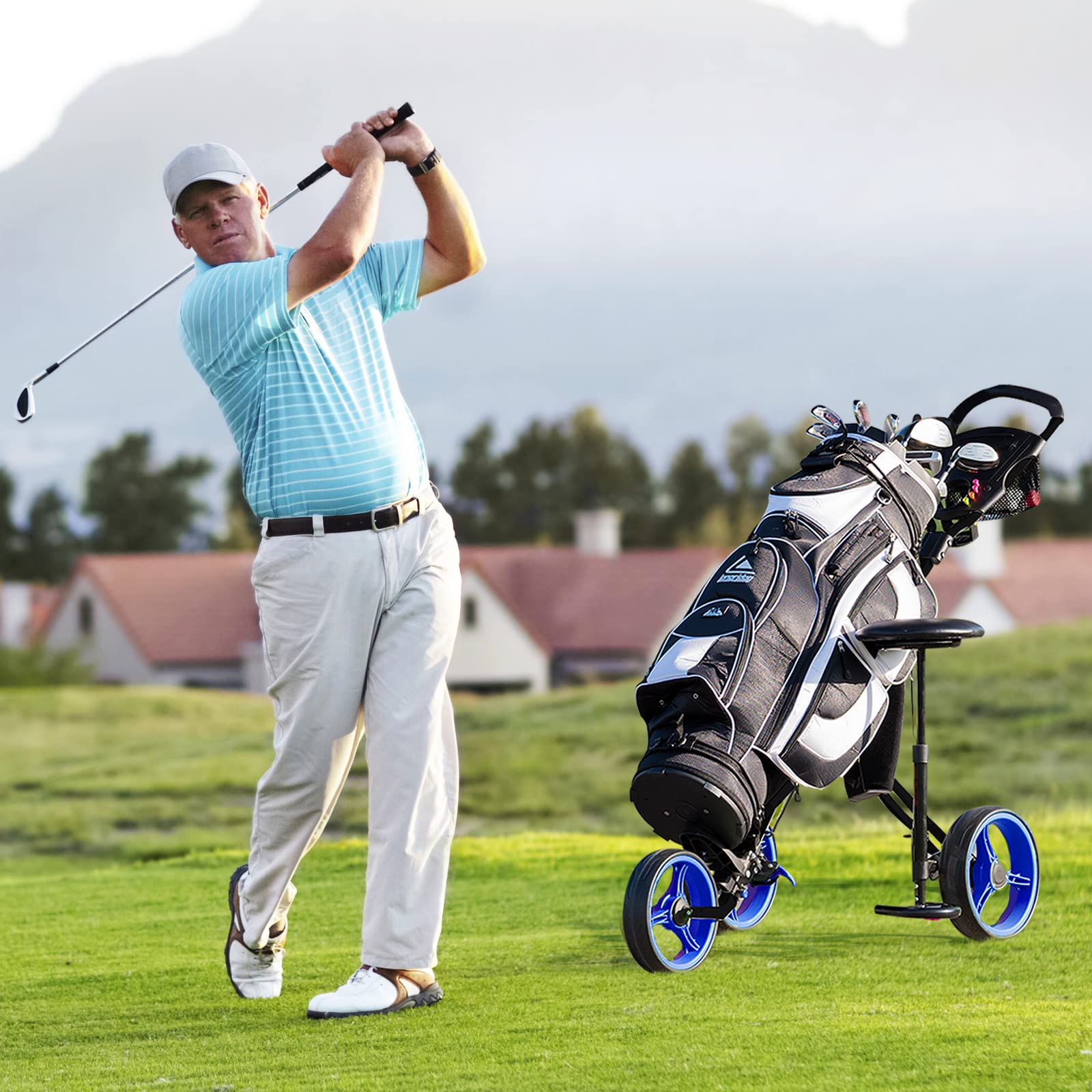 COSTWAY Chariot de Golf avec Siège Poignée Réglable, Voiturettes à Pousser Pliable à 3 Roues avec Tableau de Bord, Porte-Gobelet, Porte-Parasol, Frein au Pied, Roues Amovibles
