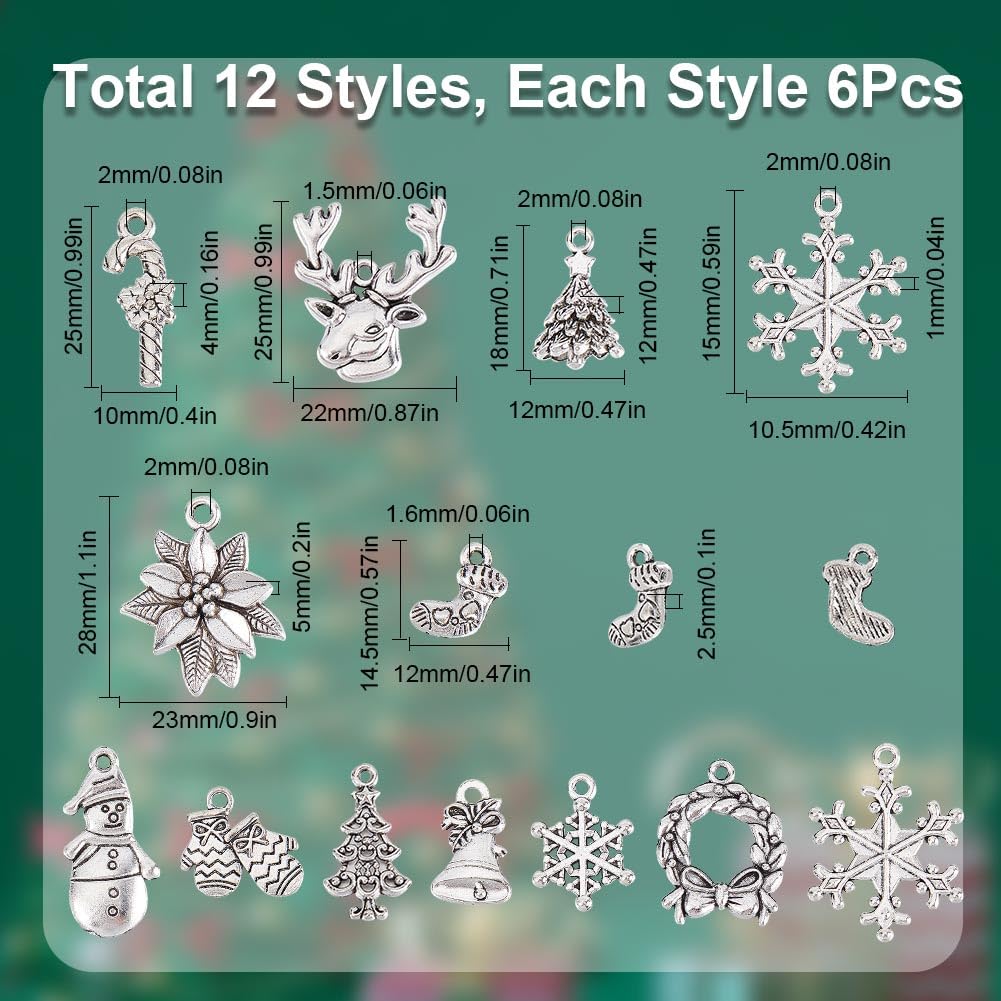SUNNYCLUE 1 Box 72Pcs 12 Style Christmas Charm Holiday Charm Bulk Tibetan Silver Alloy Candy Snowflake Snowman Xmas Christmas Tree Charms for jewellery Making Charms DIY Necklace Women Beginner Adult - Image 2