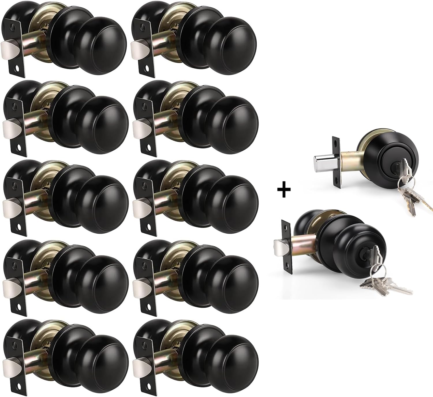 KNOBWELL Exterior Door Knob with Deadbolt Lock Set and 10 Pack Passage Black Interior Door Knobs