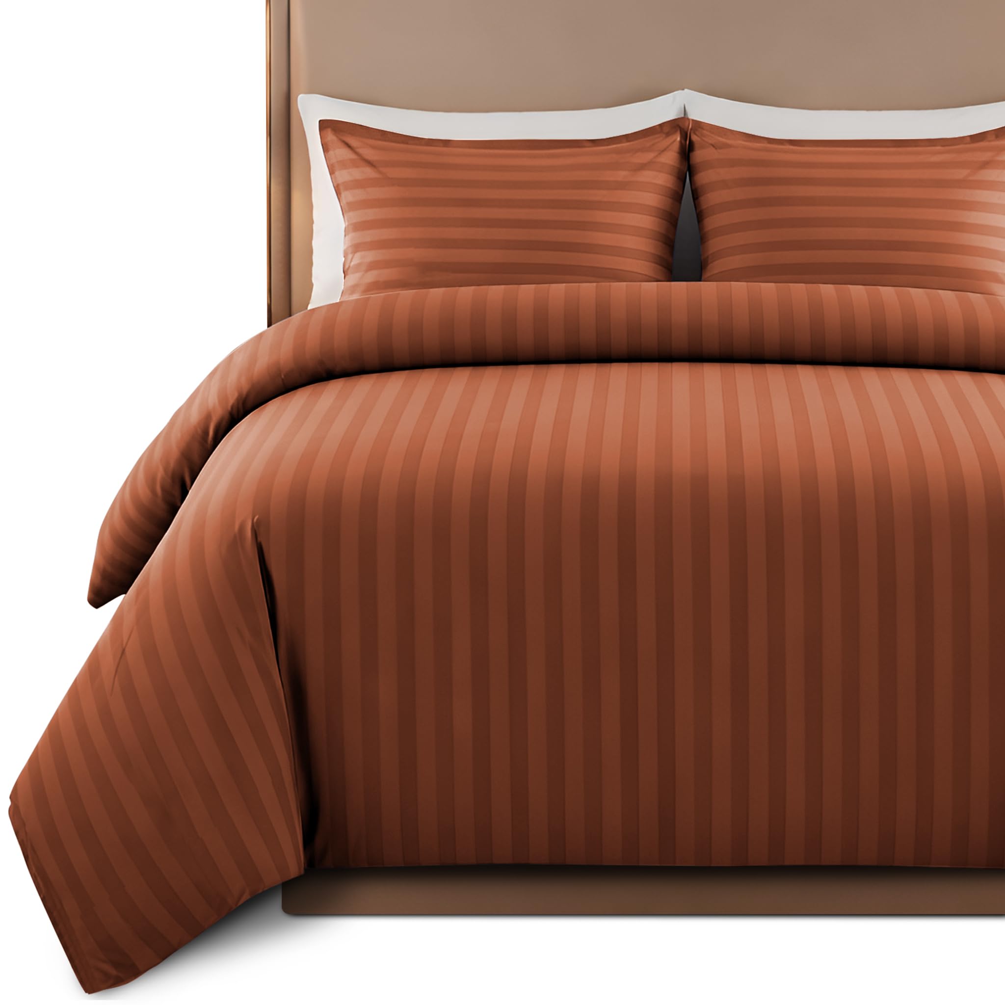 Hafaa Satin Stripe King Size Duvet Cover Sets Rust - Premium Hotel Quality Quilt Cover Bedding Sets - Hypoallergenic Ultra Soft Brushed Microfiber Bed Linen โ image 1