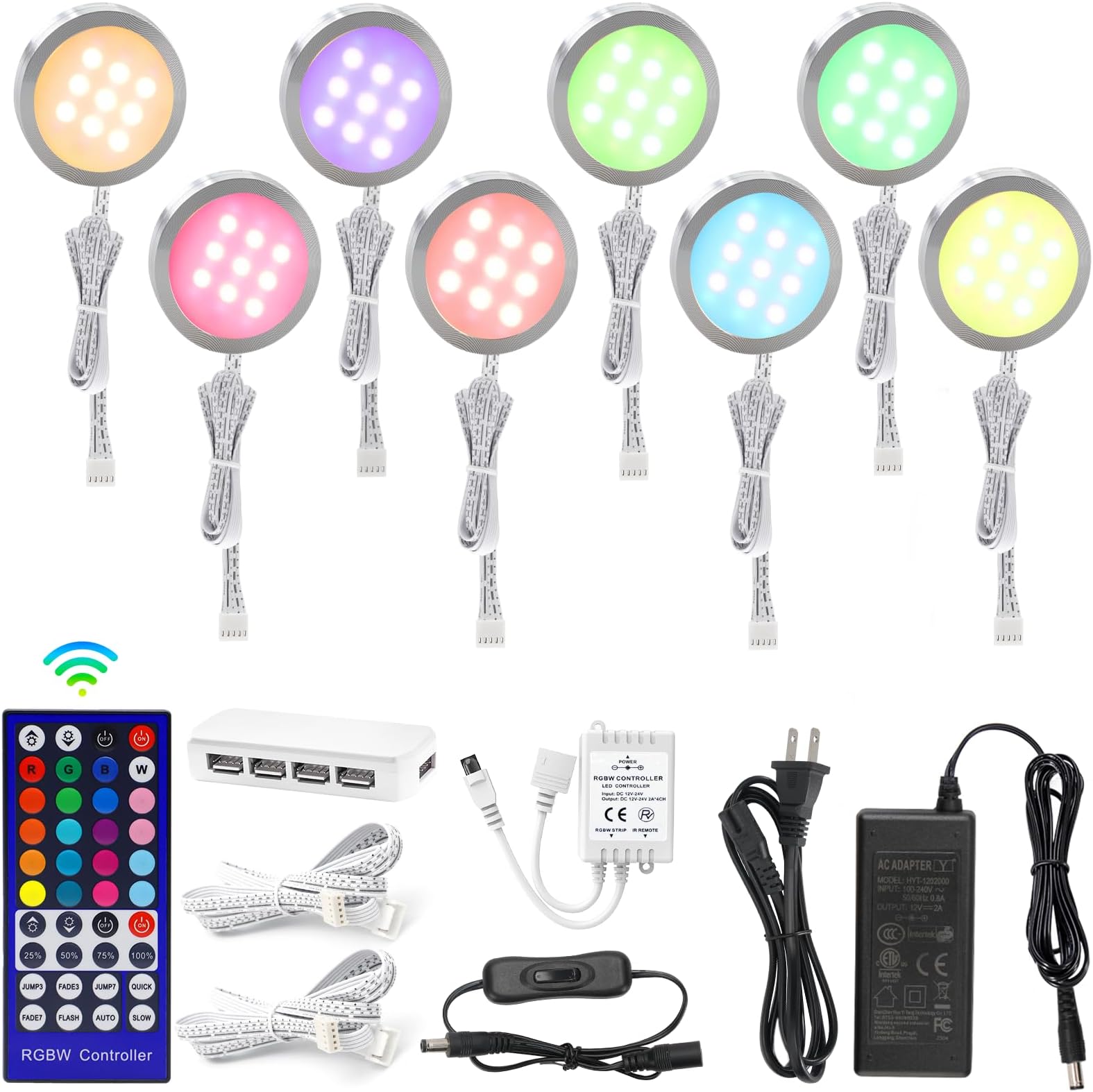 AIBOO LED Puck Lights Wired Color Changing, Multicolor Under Cabinet Lighting with Remote, Dimmable RGBWW Display Case Lights 8 Pack for Cabinets, Counters, Shelves, Showcases (RGBWW)