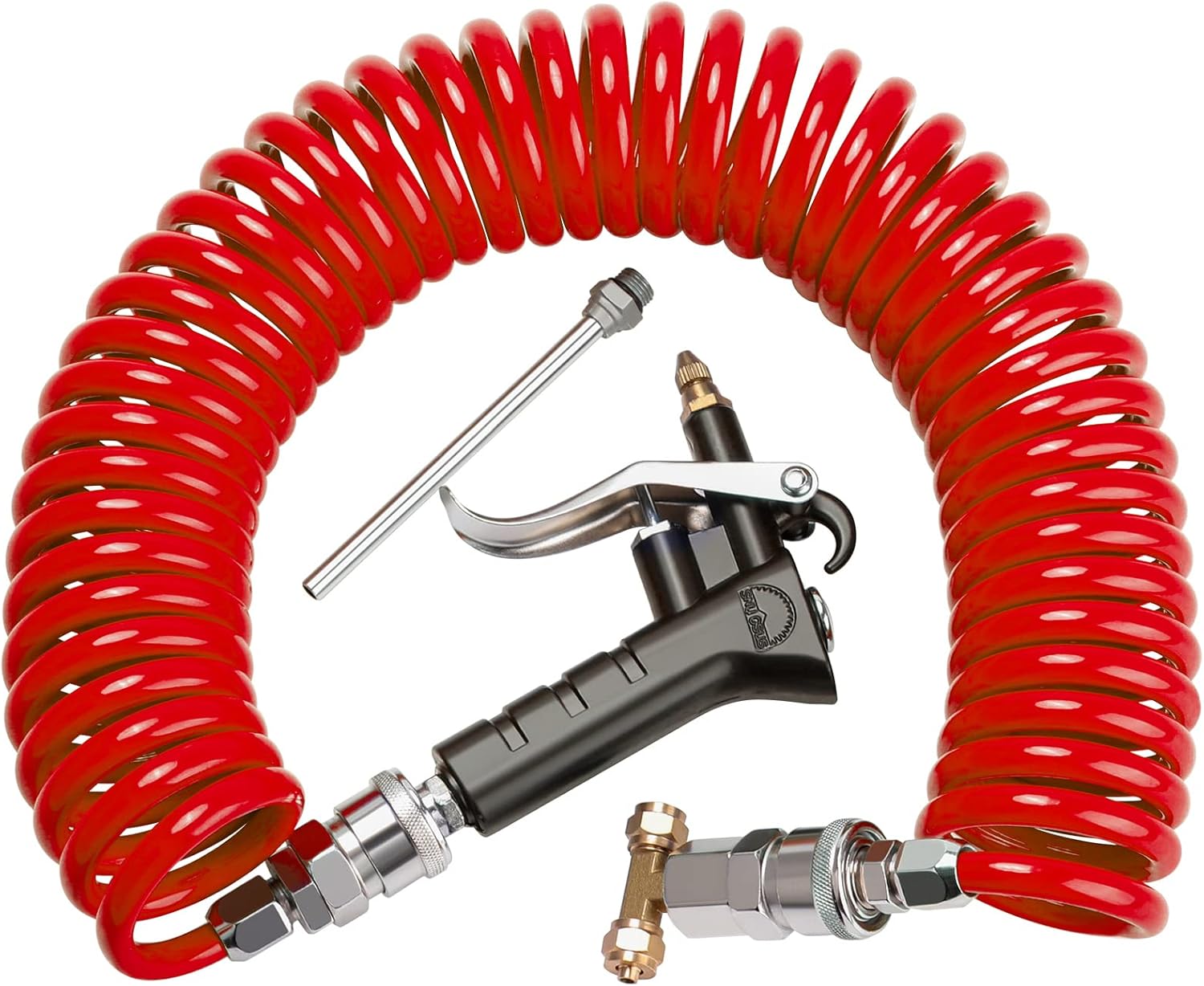Heavy Duty Truck Air Seat Blow Gun Kit 1/4 Inch 11.5FT PA Nylon Coil Air Hose Brass Compression Fittings Connect Lever Air Duster Blow Gun Cleaning with 2 Nozzle Tips Gray