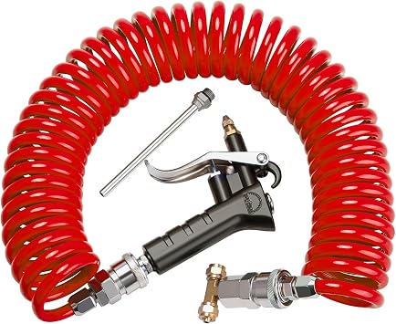 Air Seat Blow Gun Kit for Semi Truck, 30FT9M Coil & 2 Nozzles, Red | Heavy Duty Air Blow Gun Kit, 30FT Retractable Coil Hose, 2 Interchangeable Nozzles, for Cab to Sleeper Cleaning