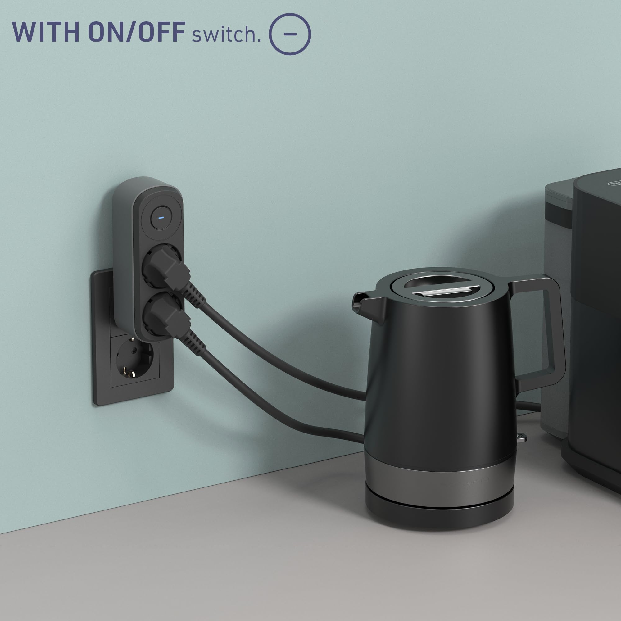 Electraline 55106 Prima podwójny adapter 2 gniazda wtykowe 16 A (2P+A) z uziemieniem przednim, z włącznikiem/wyłącznikiem, listwa zasilająca z 2 gniazdami z zestykiem ochronnym, czarny/szary