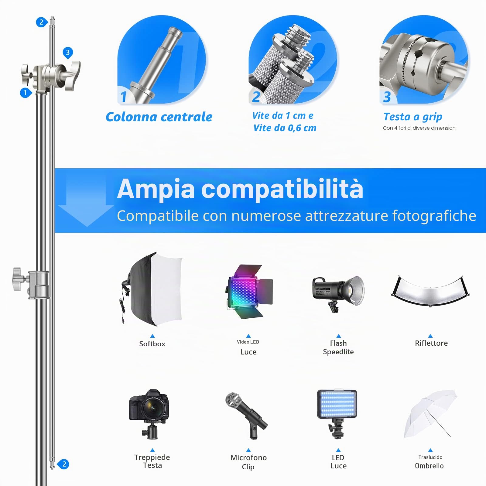 NEEWER Pro 100% Acciaio Inossidabile Heavy Duty C Stand con Braccio Braccio, Altezza Massima 10.5ft/320cm Supporto Luce per Fotografia con 4.2ft/128cm Braccio, 2 Grip Head per Studio Monolight