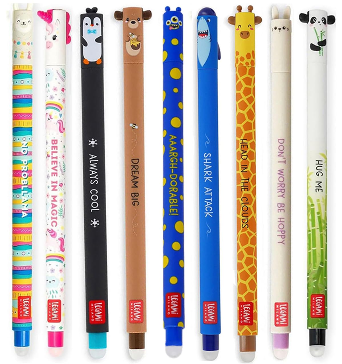 LEGAMI Set of 9 Erasable Gel Pens with Different Animal Designs: Shark, Giraffe, Panda, Lama, Unicorn, Bunny, Penguin, Teddy Bear and Monster