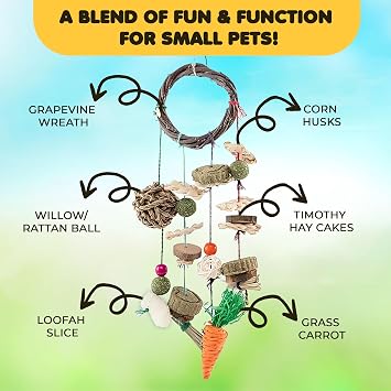 SunGrow Cage Hanging Rabbit Chew Toy, Handwoven Space-Saving Enclosure Accessory, Wooden Discs, Loofah Slices, Grass Ball & Compressed Hay, for Bunnies, Guinea Pigs, and Chinchillas, 17 x 7, 1 Set