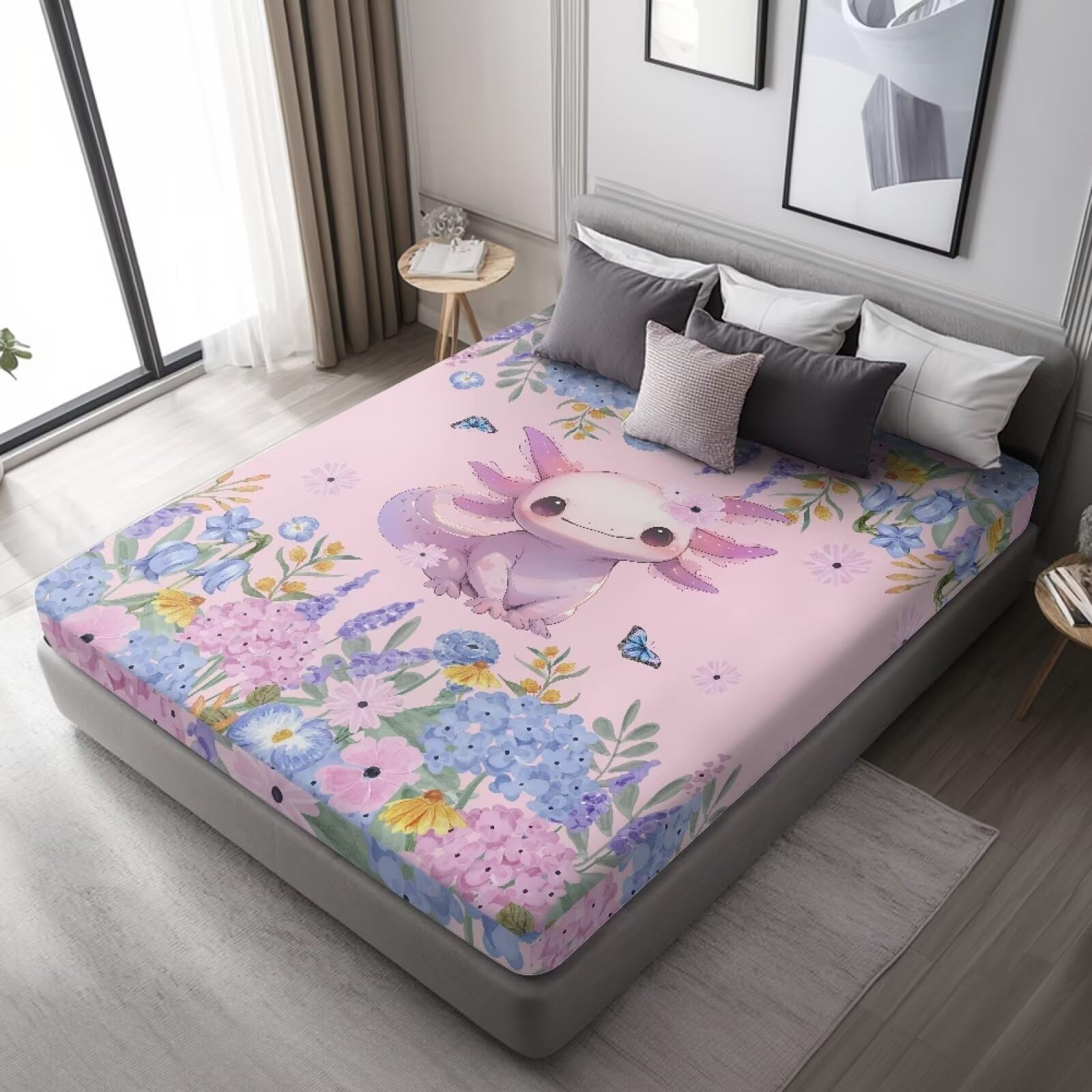 GLENLCWE Boho Floral Blossoms Axolotl Bed Sheet Queen Size 60x80 Inch Fitted Sheet Only for Children Girls Teens Bed Sheet with 16