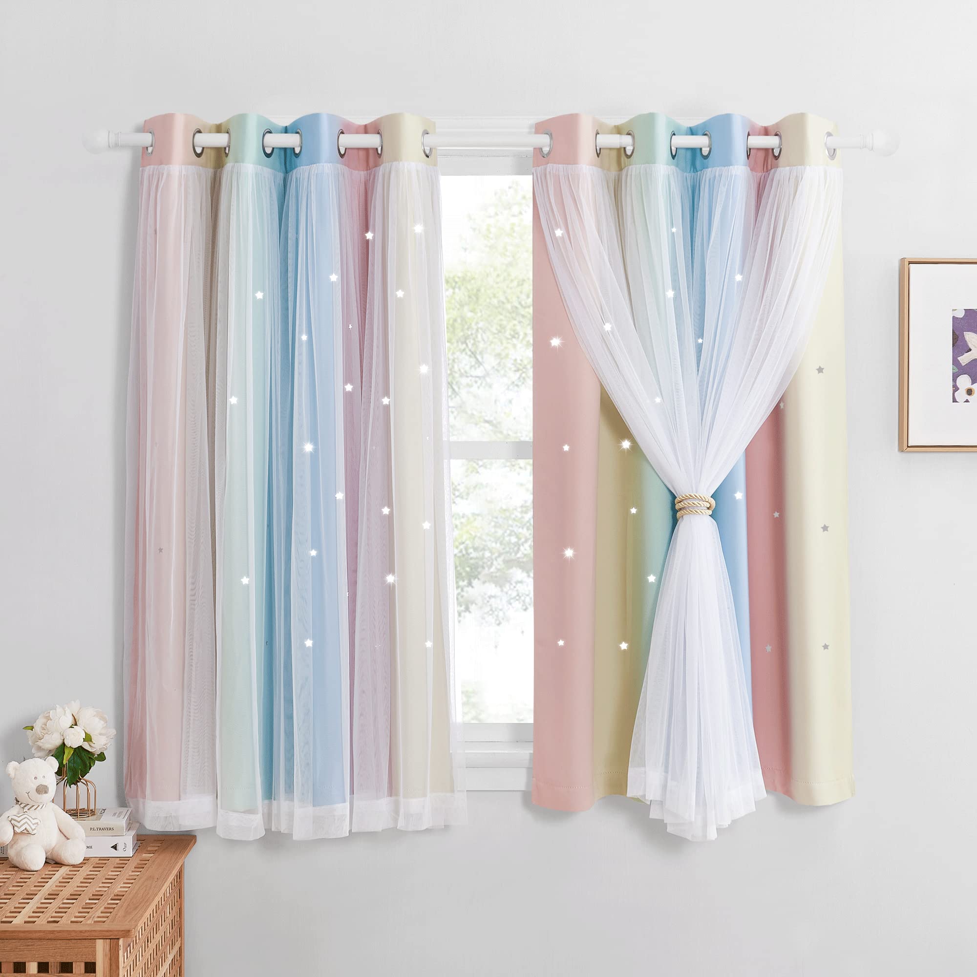 NICETOWN Nursery Room Curtains - Rainbow Blackout Curtain with Net Sheer Star Hollow Out Light Filter for Kids Bedroom/Birthday Party Decor, 2 Panels W52xL63 Inch (132x160 cm) Pink Yellow Green BlueOEKO-TEX STANDARD 100
