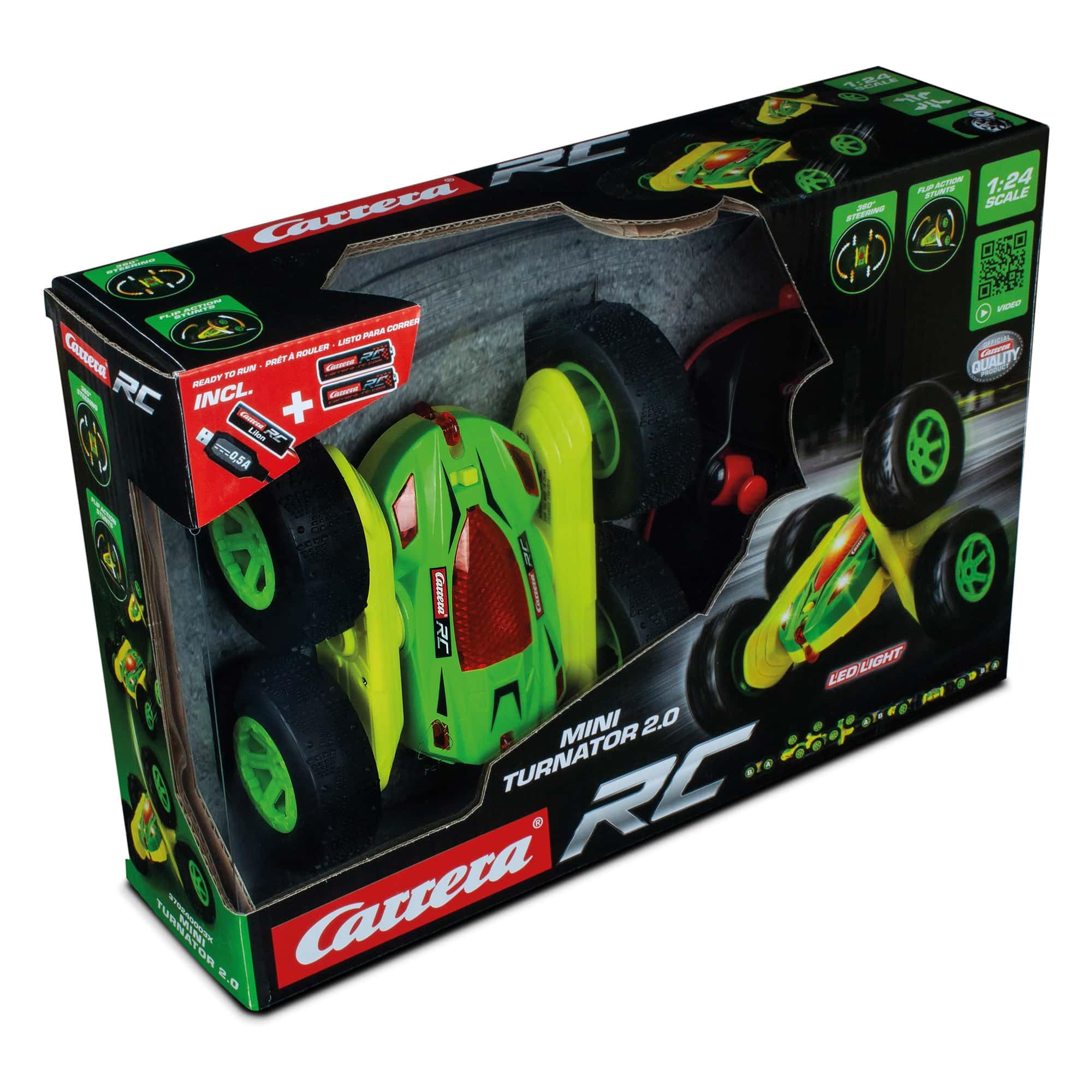 Carrera 370240003X Carrera RC 2,4 GHz Mini Turnator 2.0 ze świecącymi diodami LED zdalnie sterowany samochód do wewnątrz i na zewnątrz elektryczny mini samochód z pilotem zdalnego sterowania