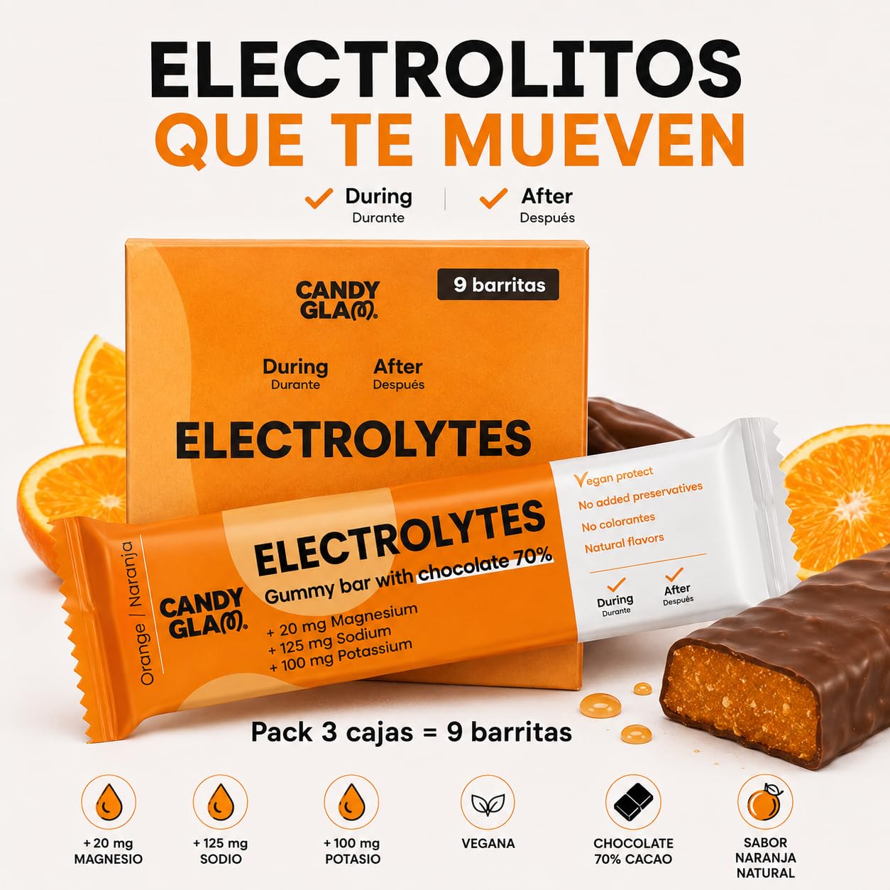 Candy Glam Barritas Energéticas Mixtas Pack 24, 12 Electrolitos Naranja y Chocolate Negro 70% + 12 Creatina Chocolate y Plátano, Snack Deportivo