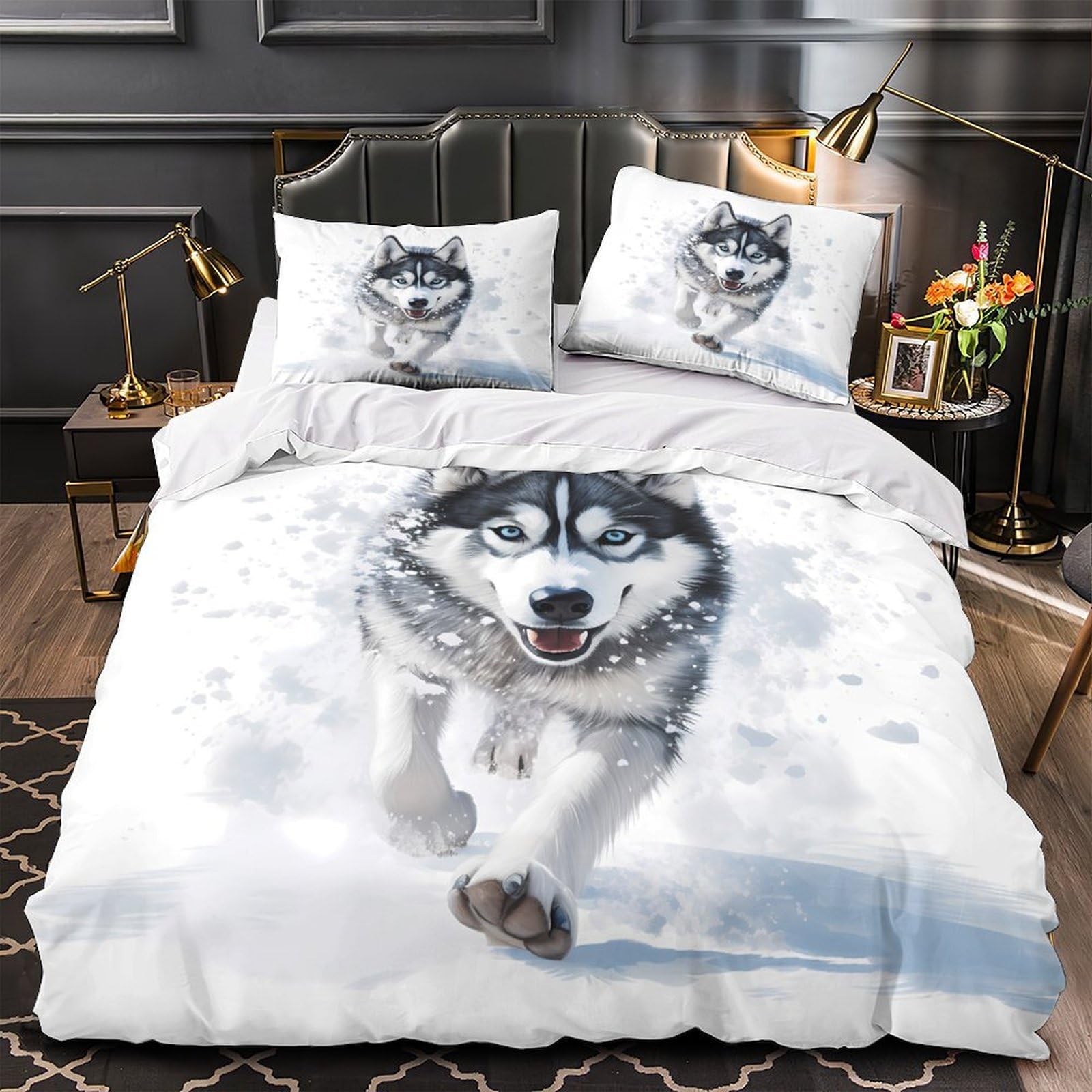 MMDASBVPE Siberian Husky Duvet Cover 3D Design Printed Machine Washable 3 Pieces Bedding Set Zipper Wild Quilt Cover Hotel Quality Hypoallergenic for Adults Kids Women Teens Youth Double（200x200cm）