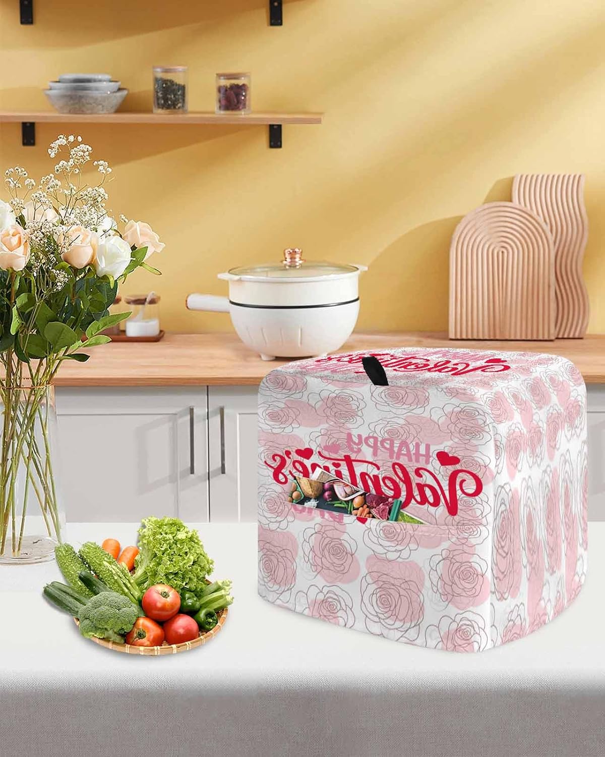 Valentine's Day Stand Mixer Cover with Storage Pocket, Waterproof Kitchen Mixer Covers, Pink Roses Lines Modern Minimalist Kitchen Appliance Dust Cover Compatible with 6-9 Quart Mixers