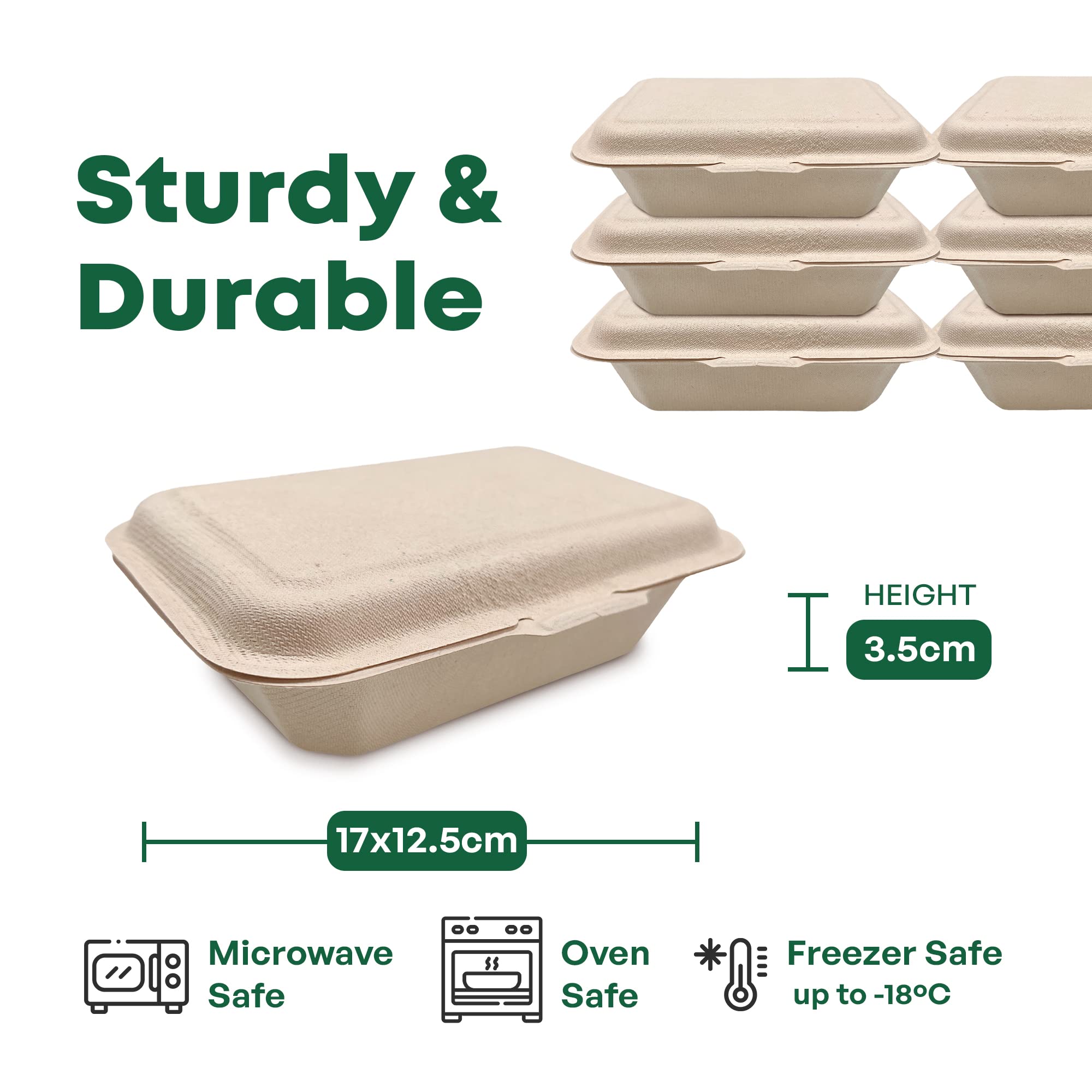 Contenedor pequeño de 450 ml para alimentos, bagazo de caña de azúcar sin blanquear, compostable, biodegradable, respetuoso con el medio ambiente, compartimento único (50, 450 ml)