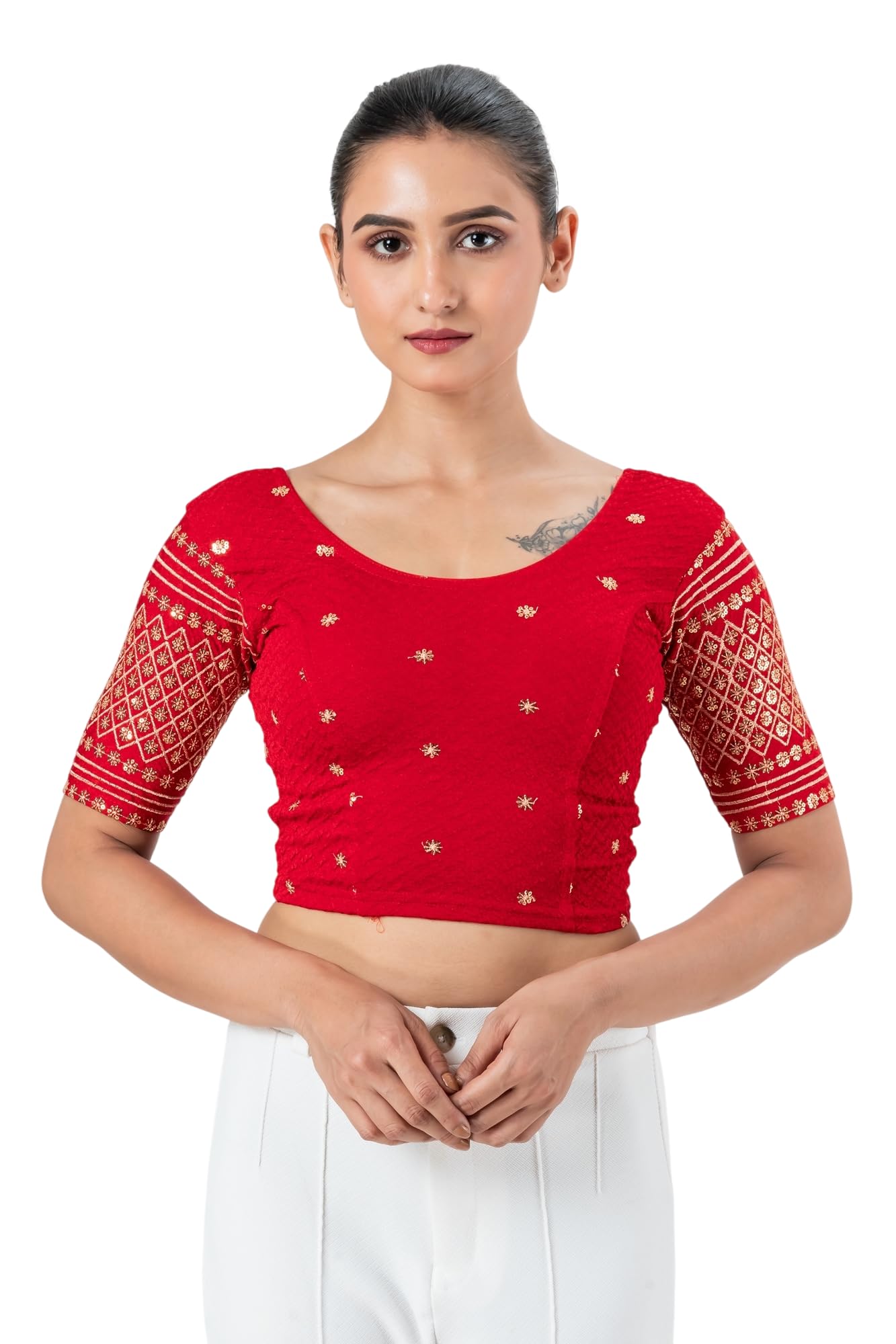 Women's Stretchable Lycra Blouse with Golden Sequin Zari Work | Readymade Saree Blouse | Round Neck Half Sleeve Ethnic Blouse-image-47